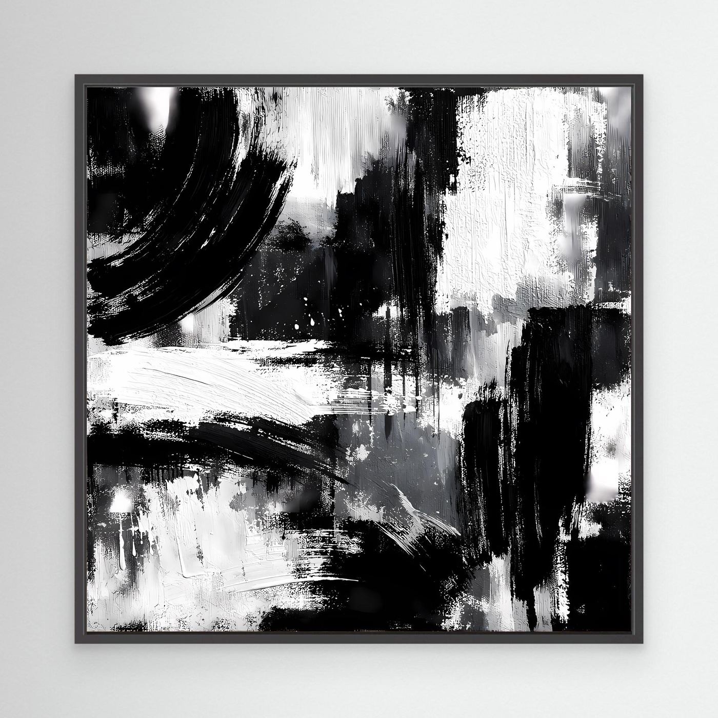 Abstract black-and-white canvas painting with brush strokes in black frame