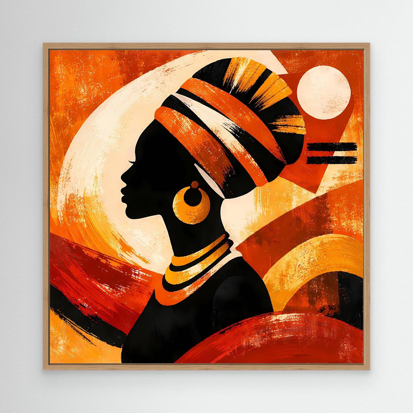 Leinwandbild mit Rahmen: abstrakte Frauensilhouette in Orange-Gold mit goldenen Akzenten