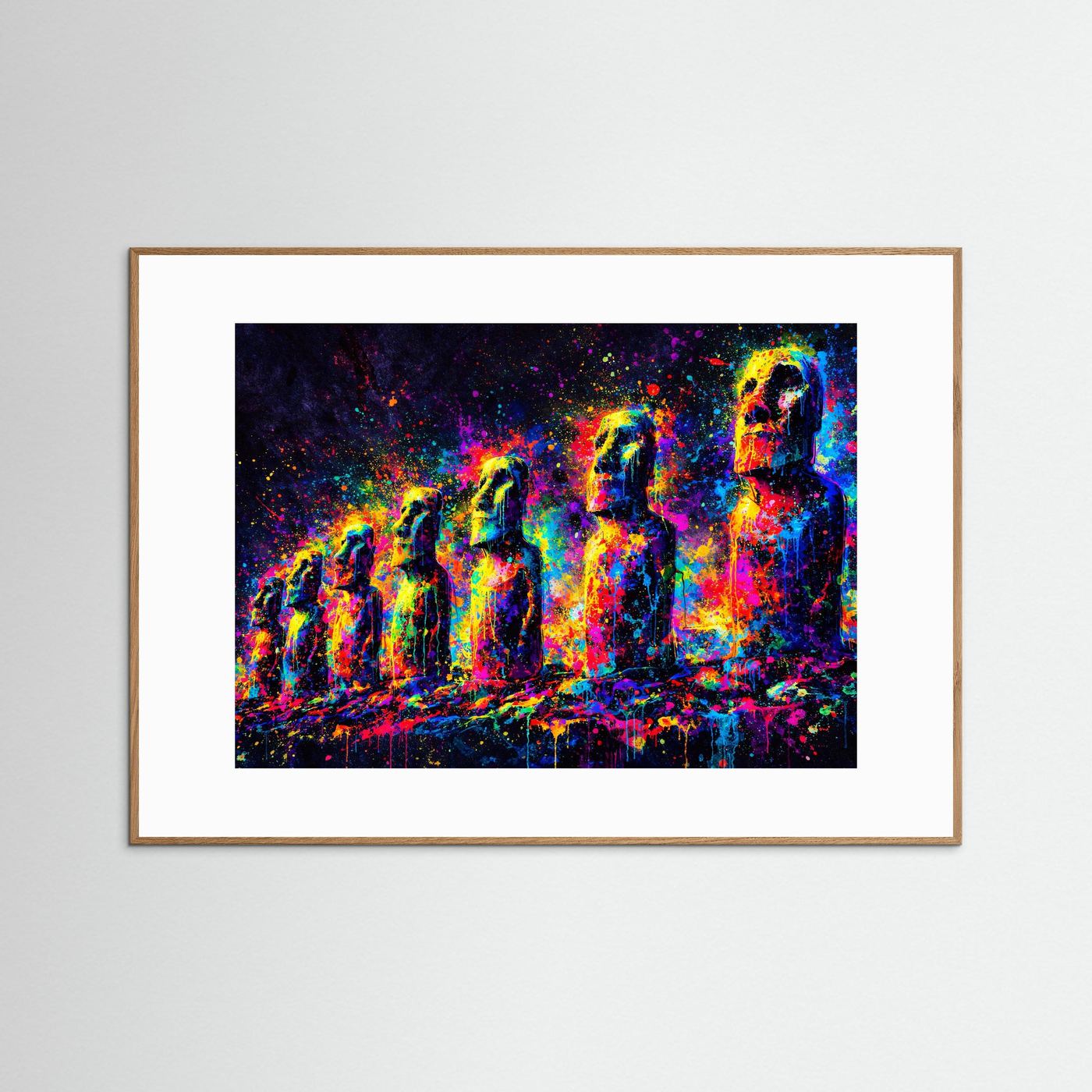 Moai Statuen im Farbrausch | Modernes Osterinsel Pop Art Poster Querformat