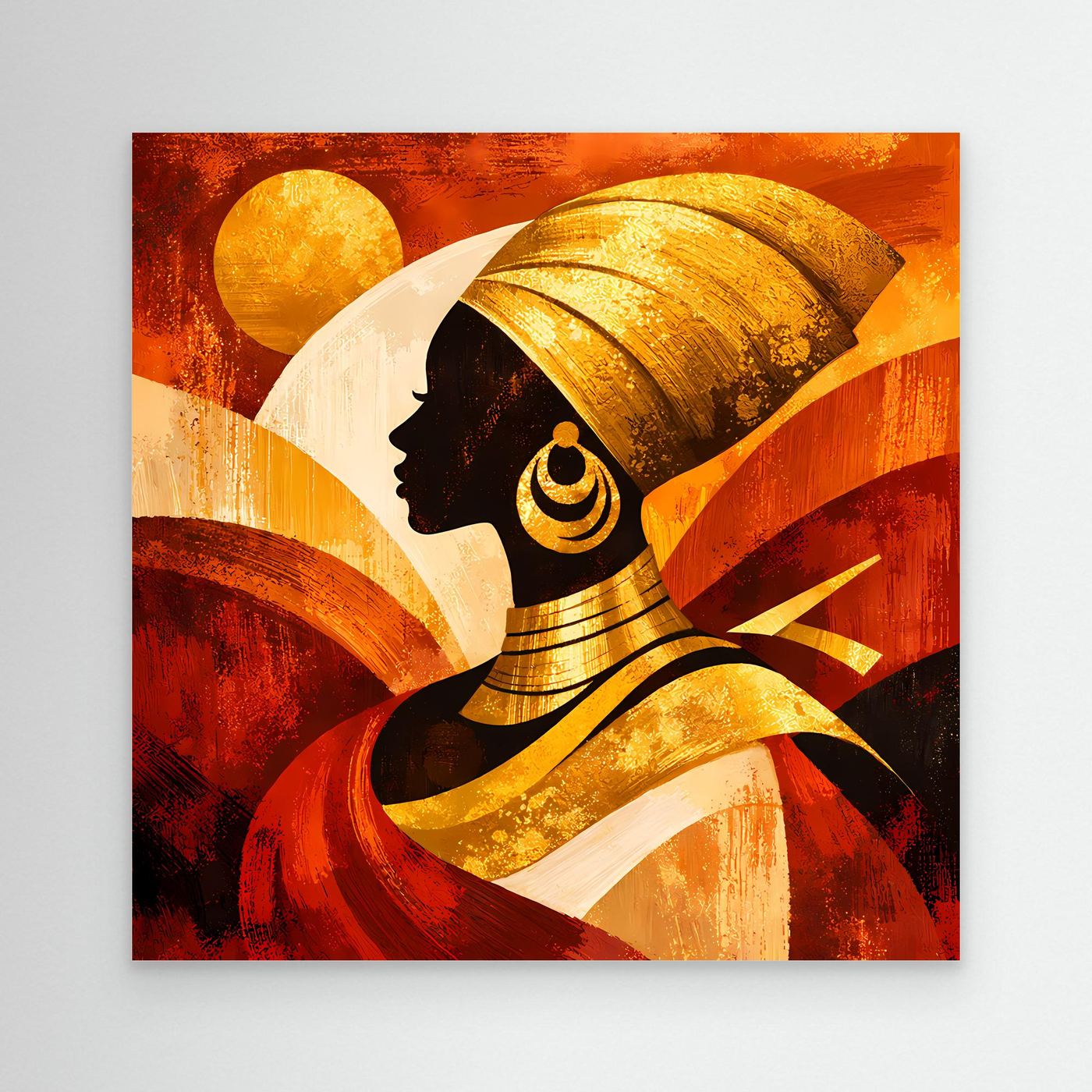 Leinwandbild mit abstrakter Frauen-Silhouette, goldenen Akzenten, roten und beigen Farbflächen