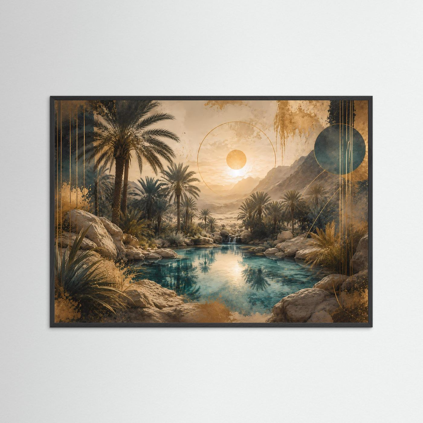 Gerahmtes Querformat-Poster mit tropischer Oase: Palmen, türkisfarbenes Wasser und Sonne