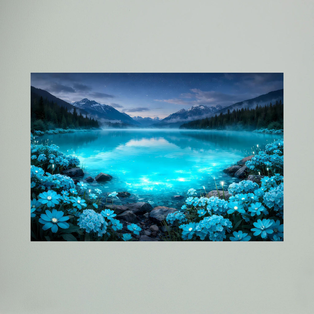 Nahansicht: Querformatiges Wandbild mit türkis leuchtendem Bergsee und blauen Blüten