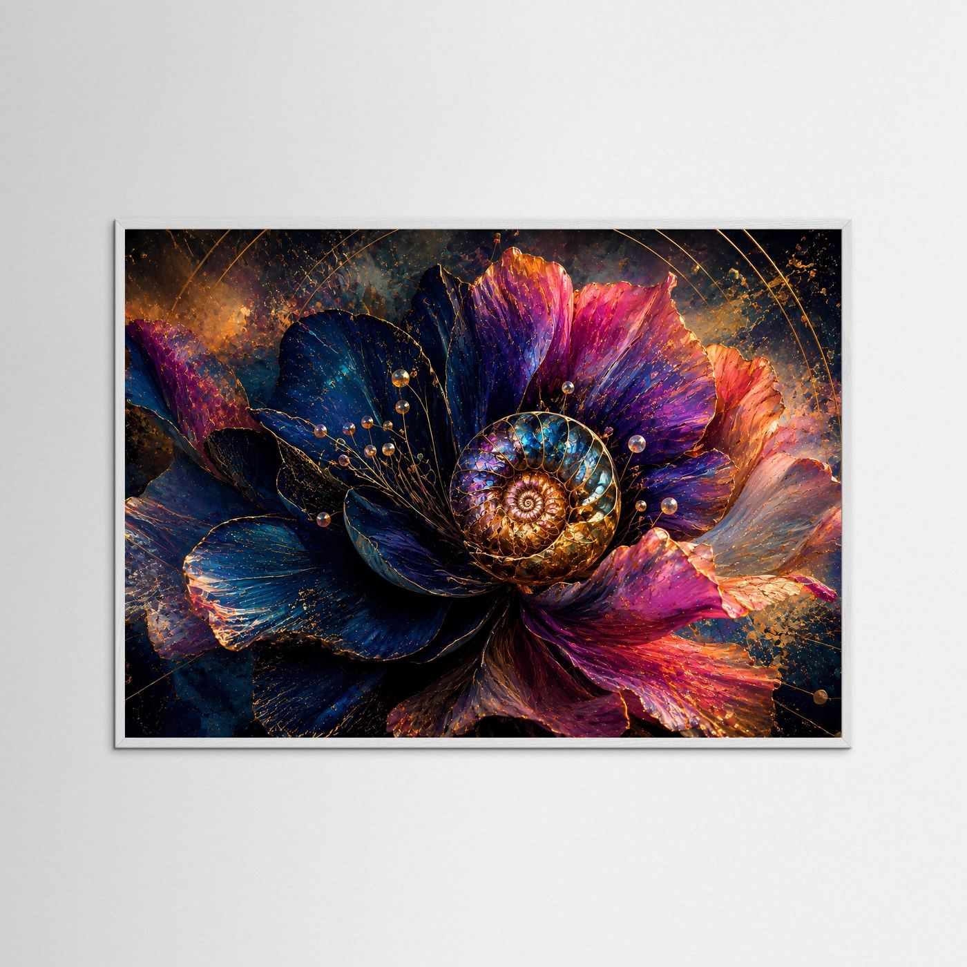 Abstrakte Blume mit Ammonit Wandbild | Luxuriöse Floral Fossil Kunst | Blau Pink Gold Modernes Poster | Elegante Botanical Wall Art | Leinwand