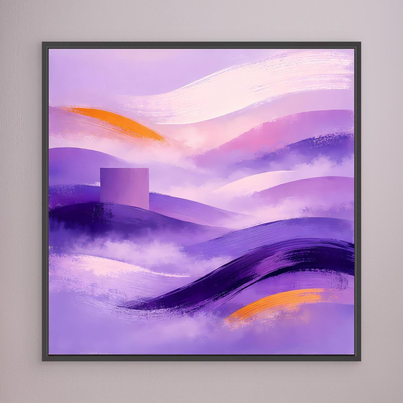 Quadratisches Leinwandbild mit abstrakter lila Berglandschaft, orange Akzenten, schwarzer Rahmen