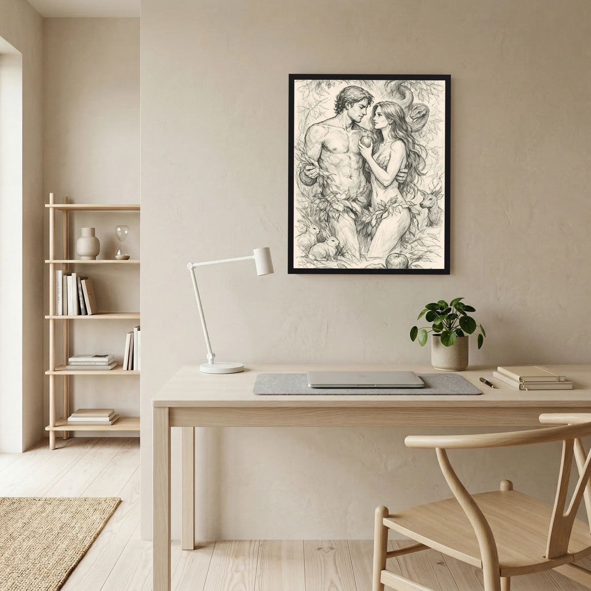 Gerahmtes Hochformat-Poster: Bleistiftzeichnung von Adam und Eva, Schlange und Apfel