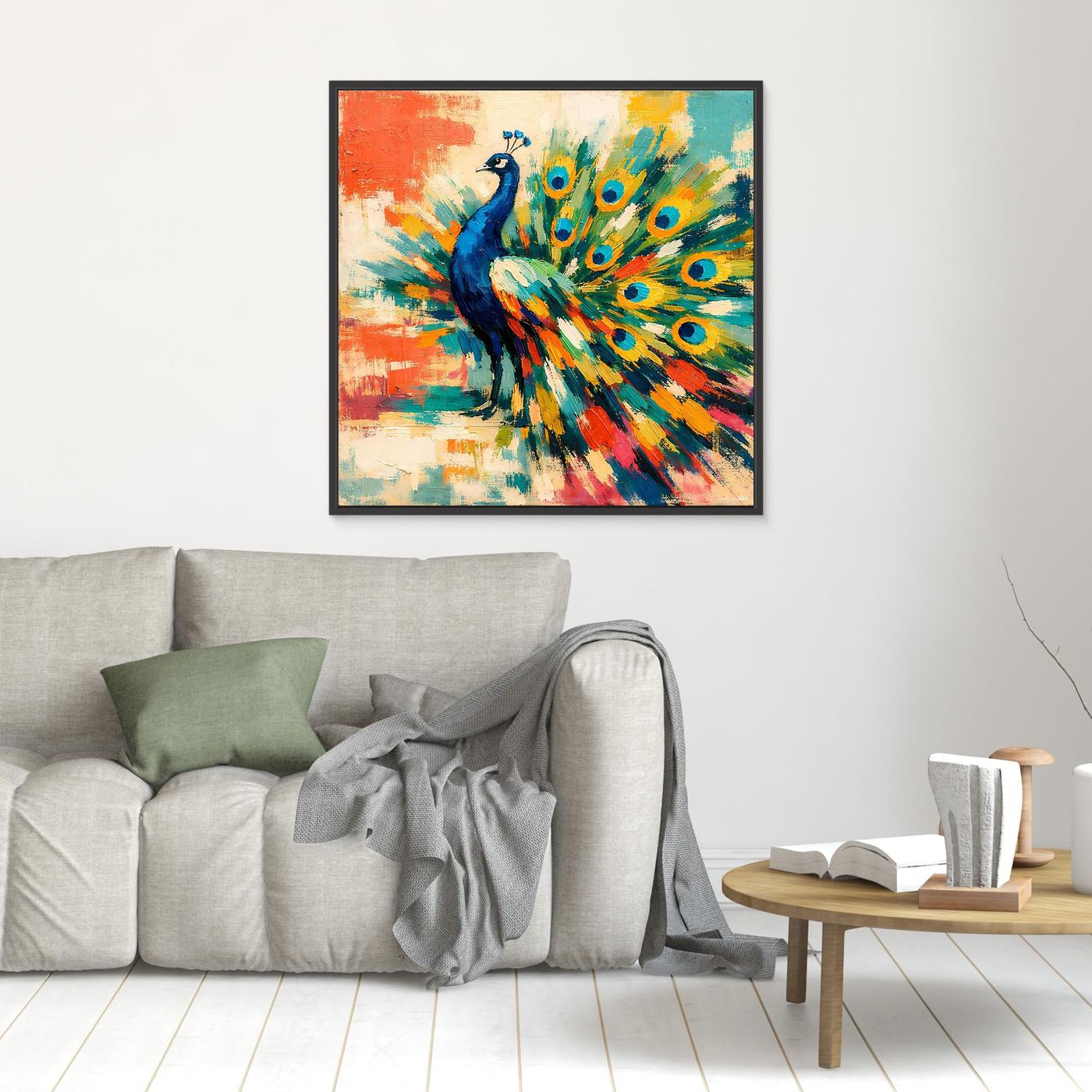 Black-framed abstract peacock canvas wall art with blue bird and bright multicolor tail fan