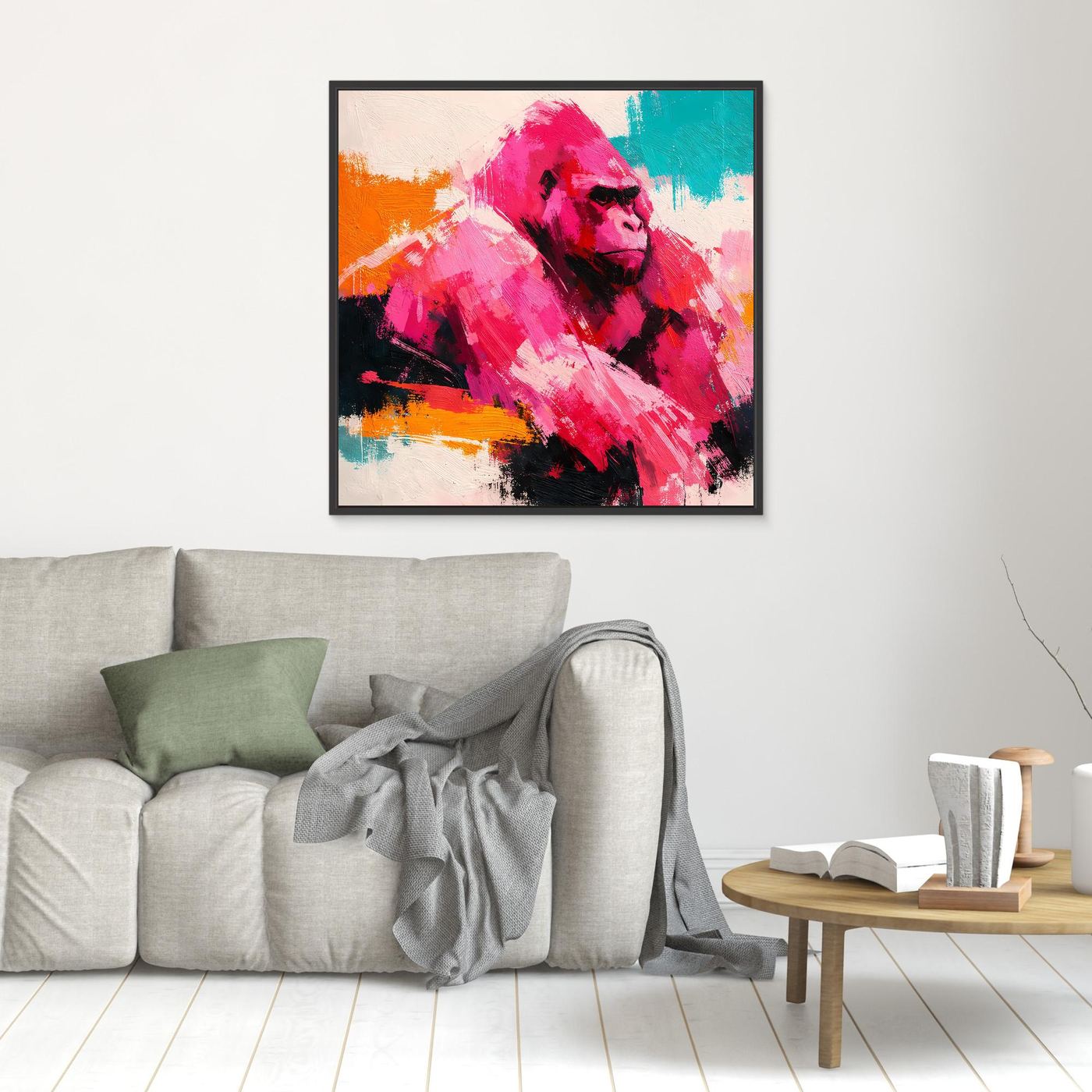 Kleines Leinwandbild mit abstraktem Gorillagesicht im Pop-Art-Look, schwarzer Rahmen