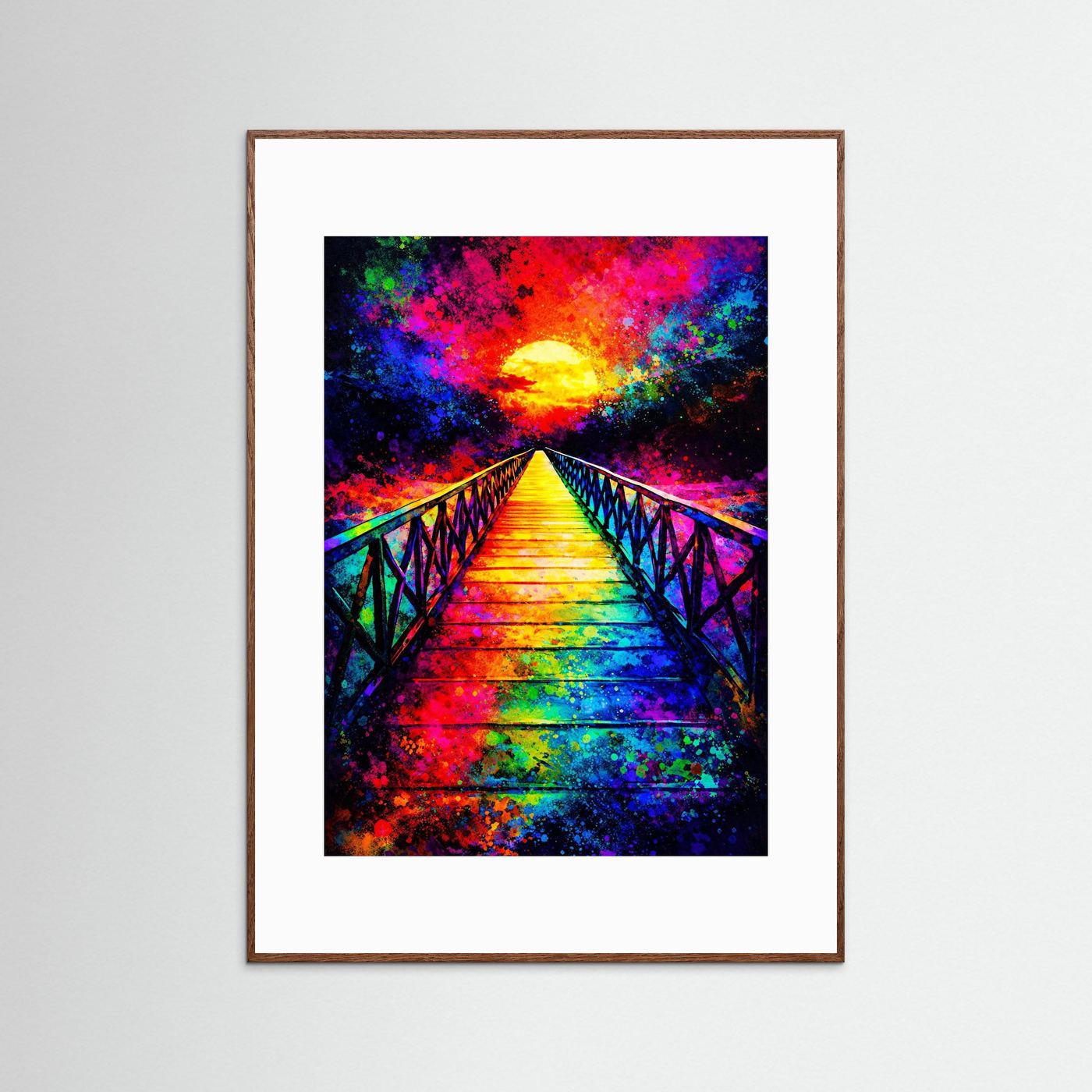 Abstraktes Leinwandbild: bunte Brücke zum Sonnenuntergang, dunkler Holzrahmen