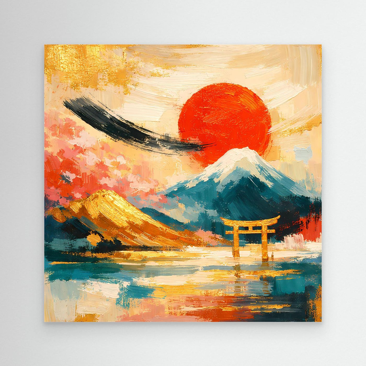 Leinwandbild mit Torii-Tor, Fuji und roter Sonne über Wasser, gemischte Farben