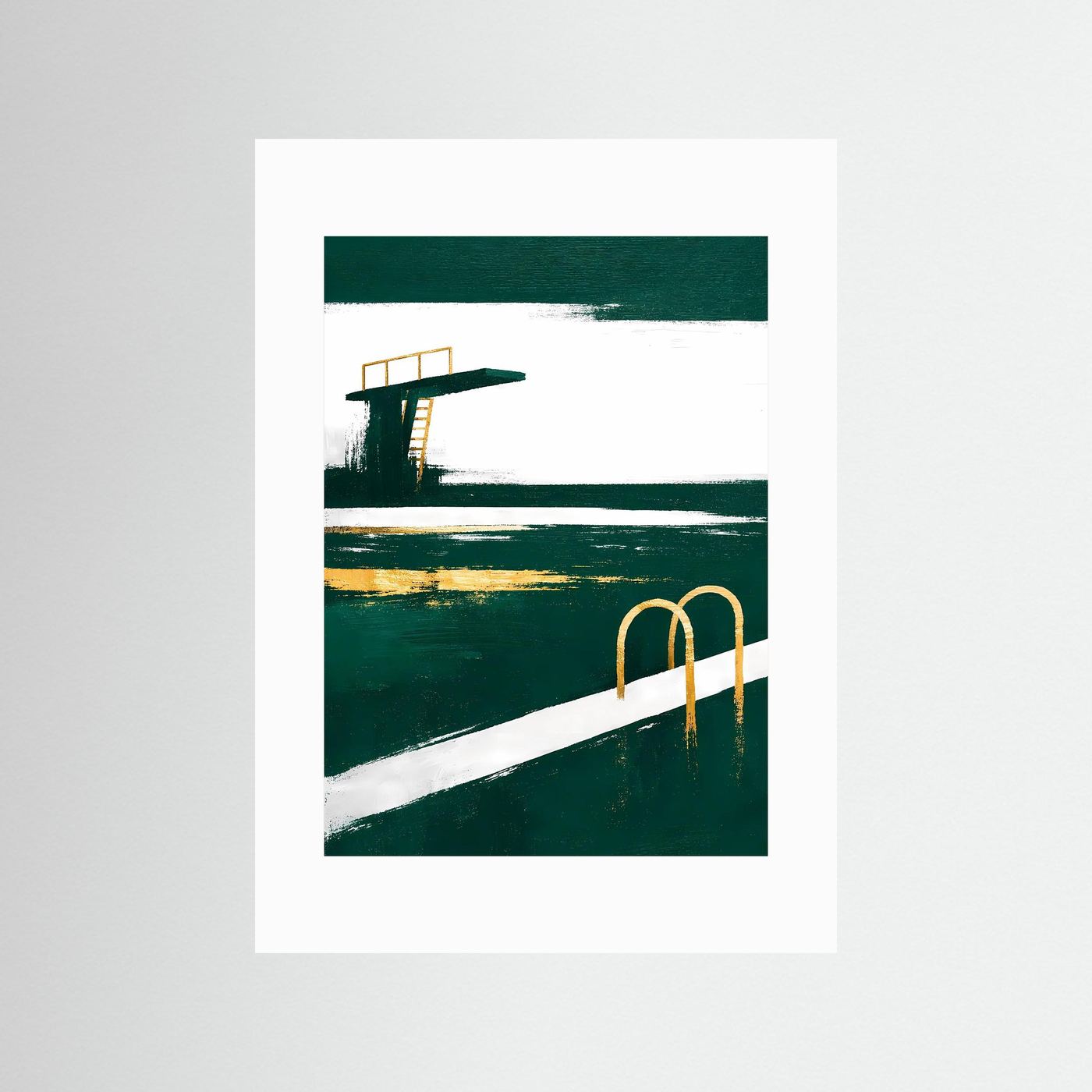 Poster im Hochformat mit weißem Passepartout und Smaragdgrünem Poolmotiv, goldener Leiter