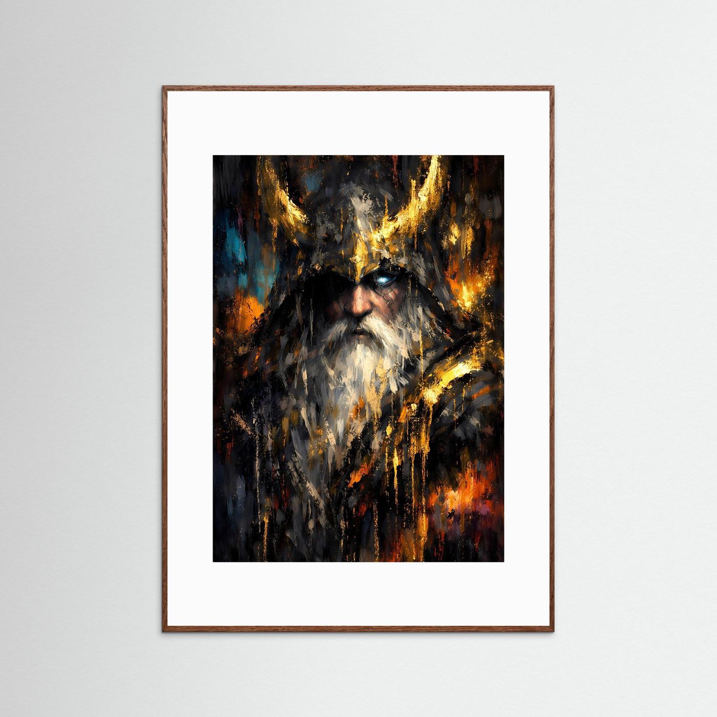 Wikinger-Poster mit Odin, goldenen Flammen und Schatten, dunkel, brauner Rahmen