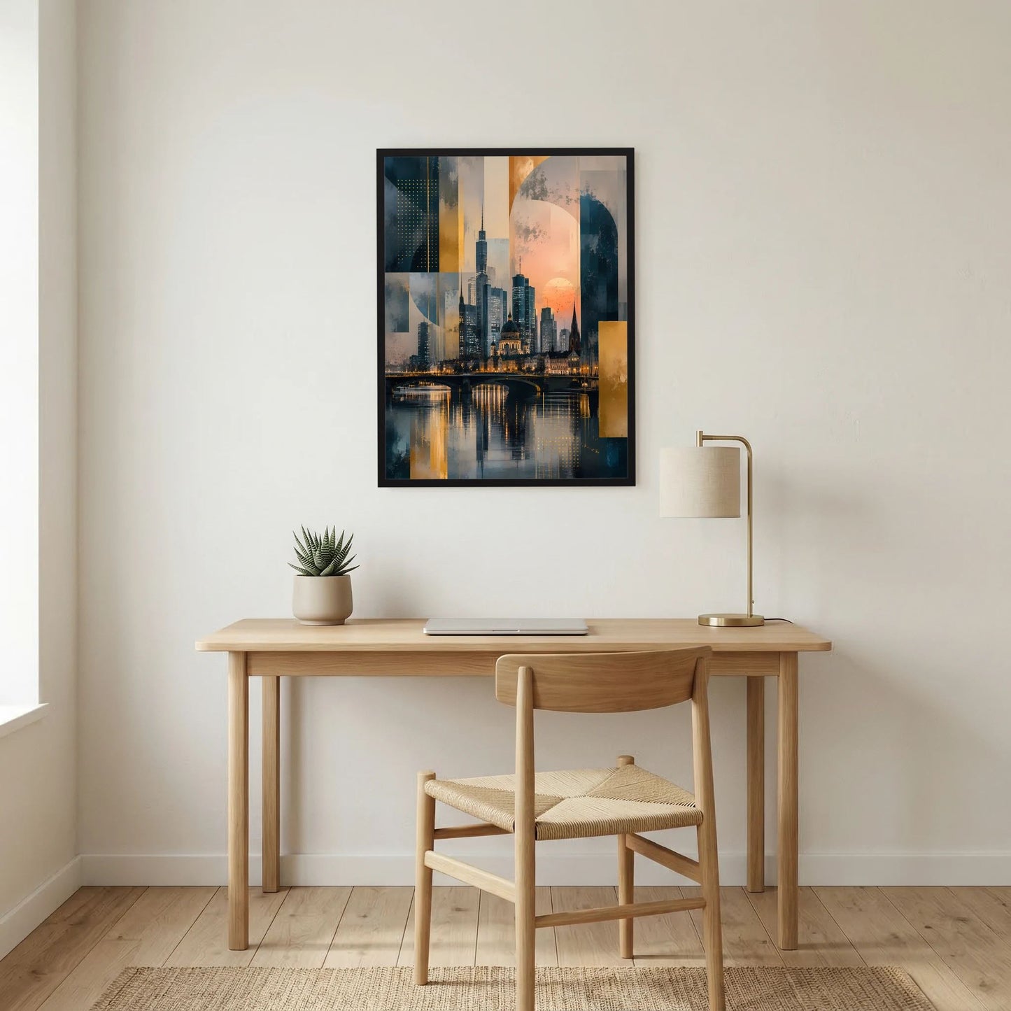 Poster im Hochformat mit abstrakter Skyline am Fluss, Gold- und Petroltöne, schwarzer Rahmen