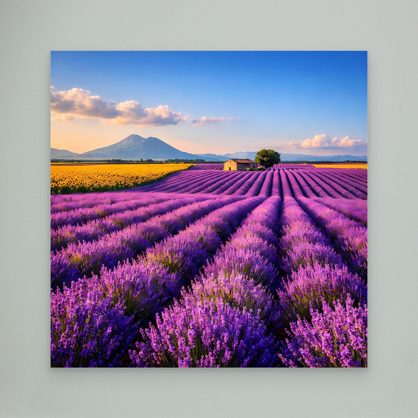 Leinwandbild mit Lavendelfeld in Provence-Optik, lila Blütenreihen, ohne sichtbaren Rahmen