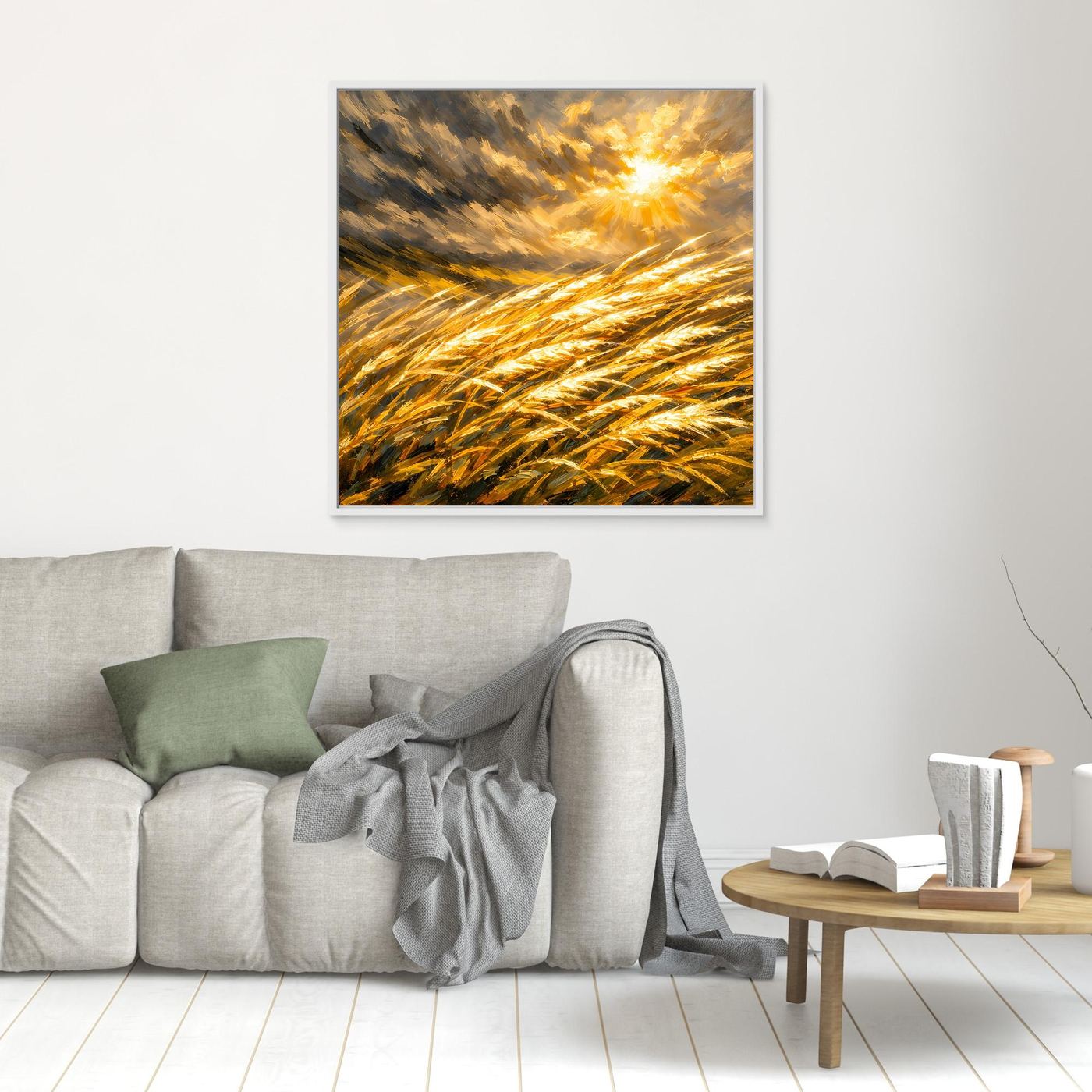 Leinwandbild mit goldenem Weizenfeld und Sonnenstrahlen, silberner Rahmen