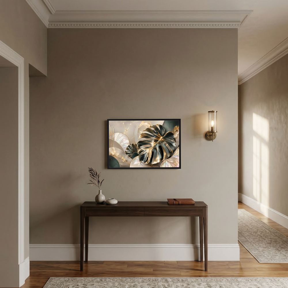 Gerahmtes Poster mit abstrakten Monstera-Blättern in Gold und Creme, Querformat