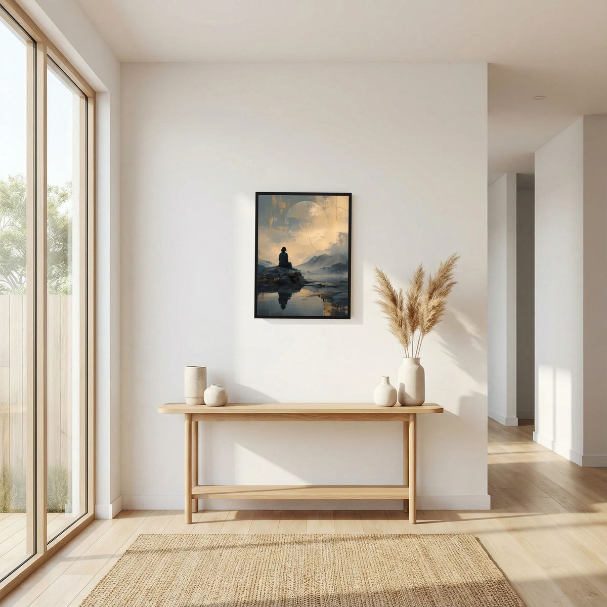 Hochformatiges Poster mit gerahmter Meditationsszene: Figur auf Fels im See, Berge, gold-grauer Mond.