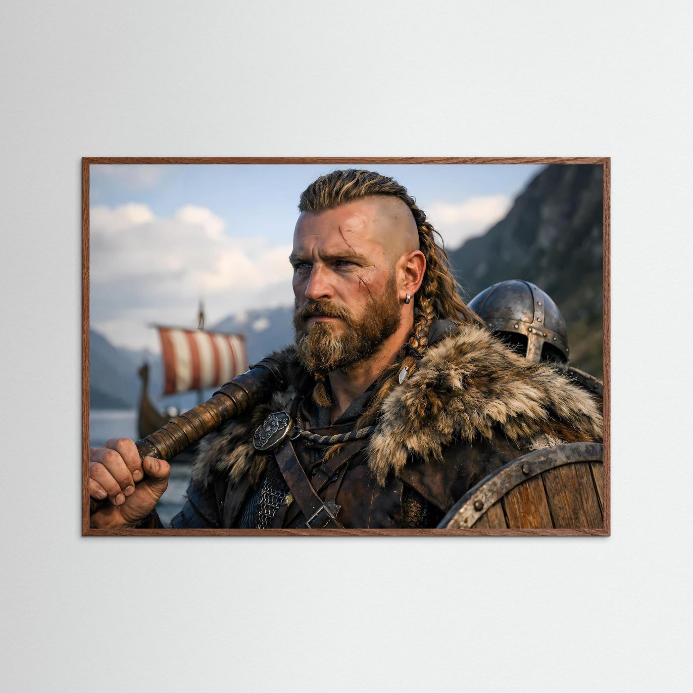 Wikingerkrieger-Poster im Querformat mit braunem Holzrahmen, Fellumhang und Schild