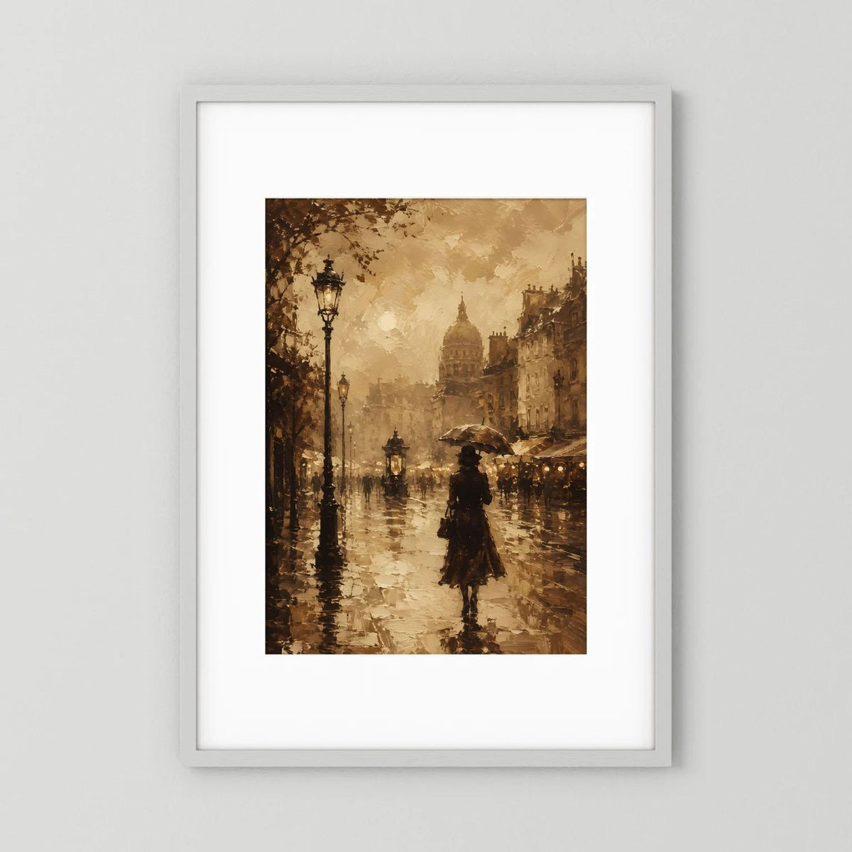Hochformat-Poster mit sepiafarbener Stadtstraße im Regen, Silhouette mit Regenschirm