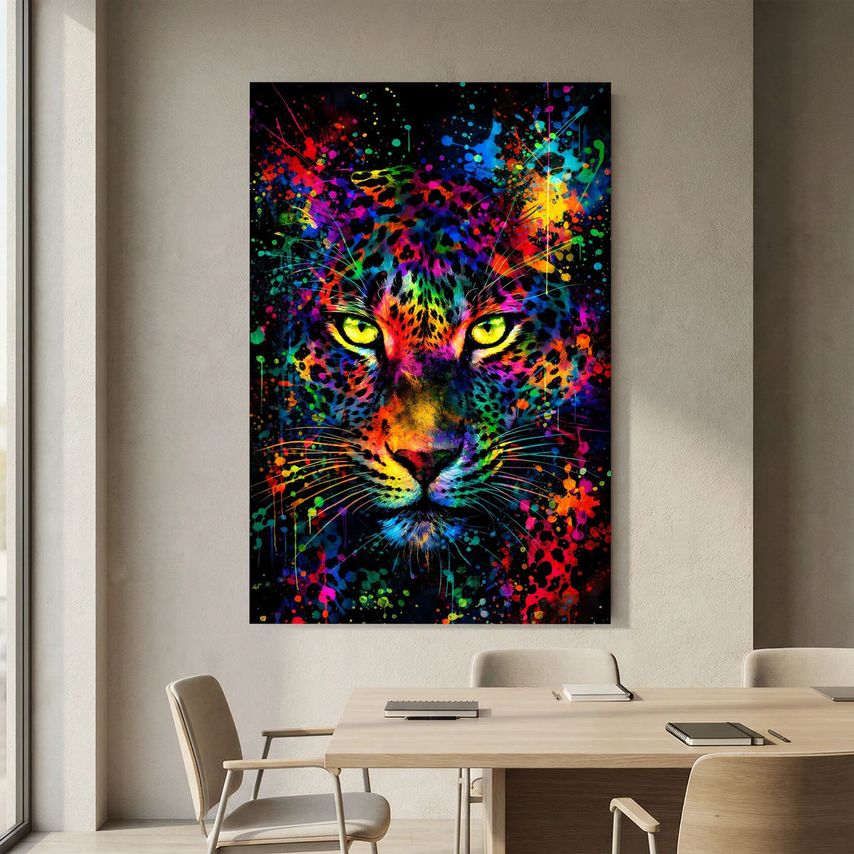 Poster mit Leopardenkopf in intensiven Neonfarben, farbige Punkt- und Linienmuster, hochformat