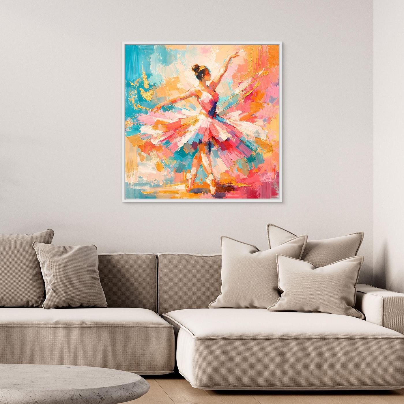 Abstraktes Leinwandbild mit Ballerina in bunten Pinselstrichen, heller Rahmen