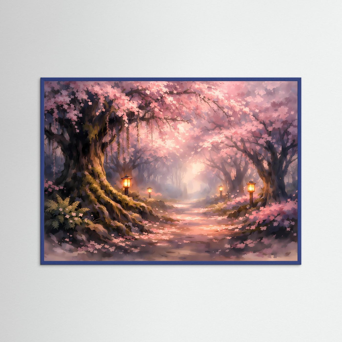 Märchenhafter Kirschblütenweg | Rosa Kirschblüte & Lanternen Poster Querformat