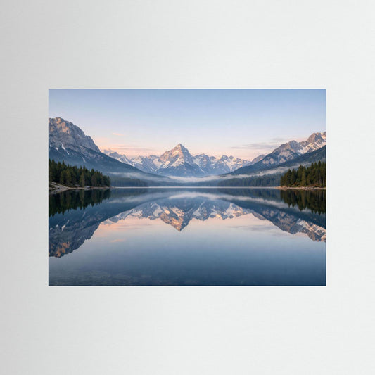 Panoramaposter mit Alpenpanorama und Spiegelsee, querformat, ohne sichtbaren Rahmen