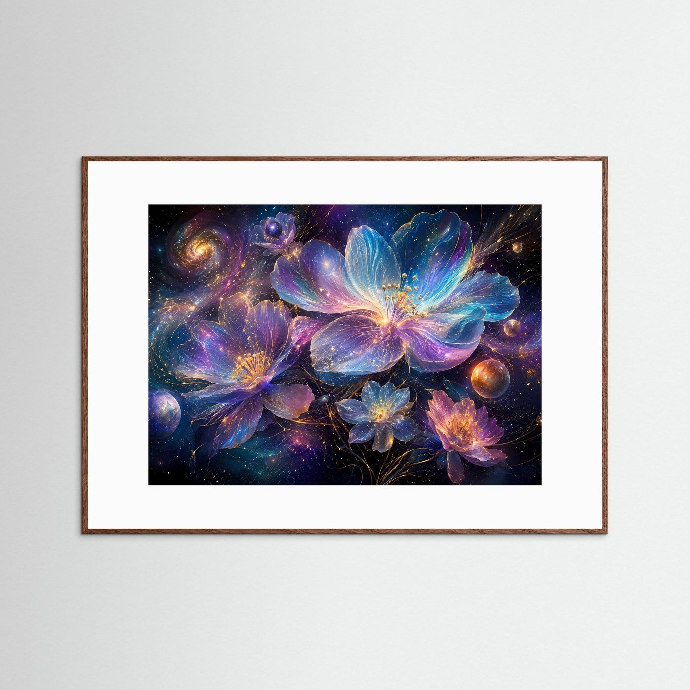 Kosmische Blüten | Galaktisches Blumen-Wandbild in Blau, Violett & Gold