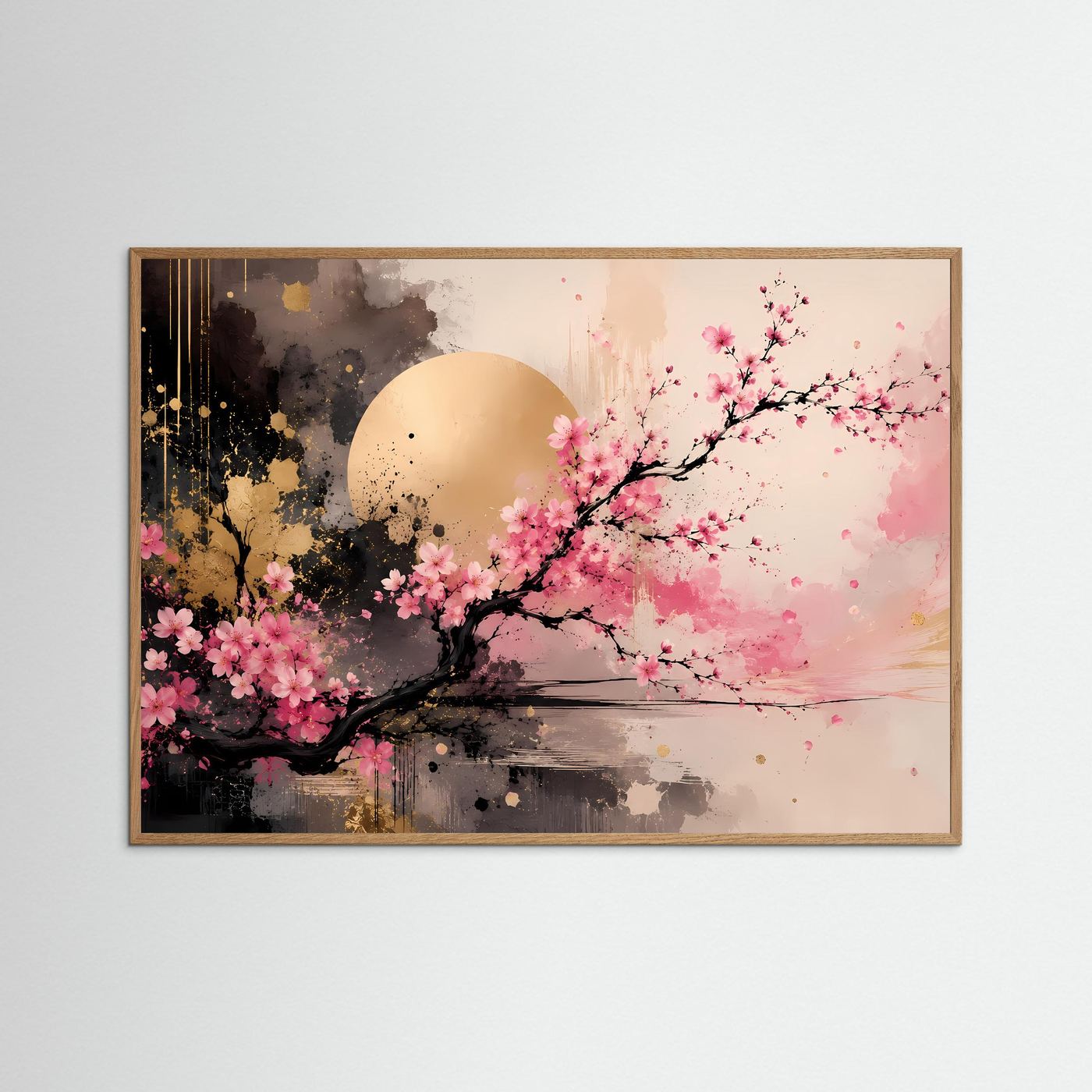Kirschblüten Poster | Japanische Sakura Wandkunst | Moderne Abstrakte Zen Kunst mit Gold | Elegantes Wandbild