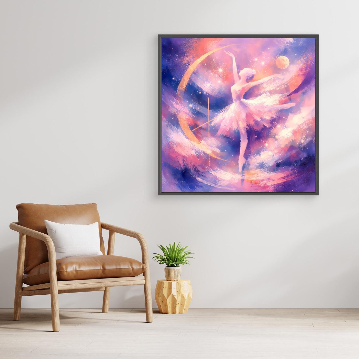 Gerahmtes Leinwandbild mit tanzender Ballerina in pastellfarbenem Sternenhimmel