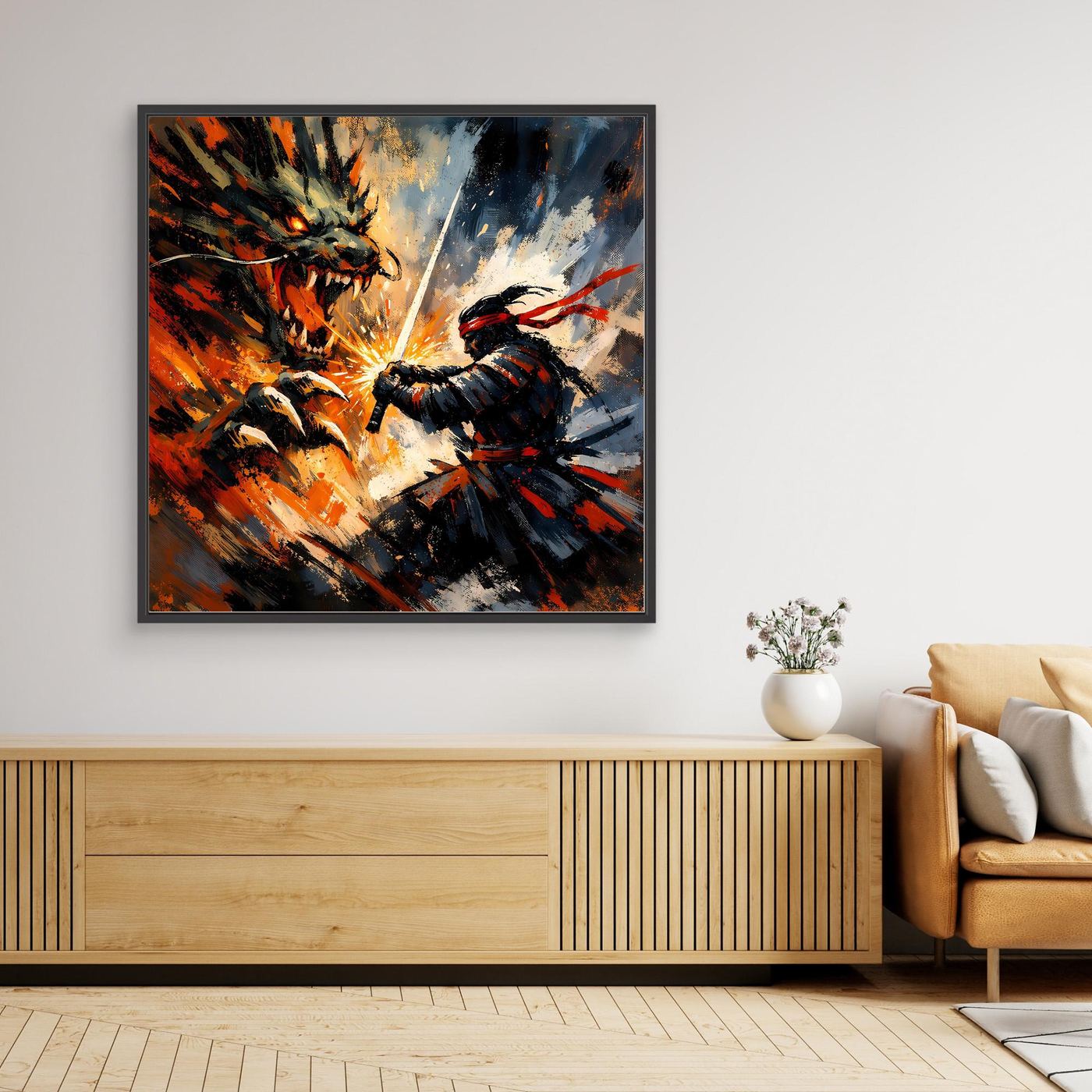 Premium Leinwand Samurai gegen Drache | Abstraktes Fantasy Wandbild Voller Dynamik & Kampfgeist