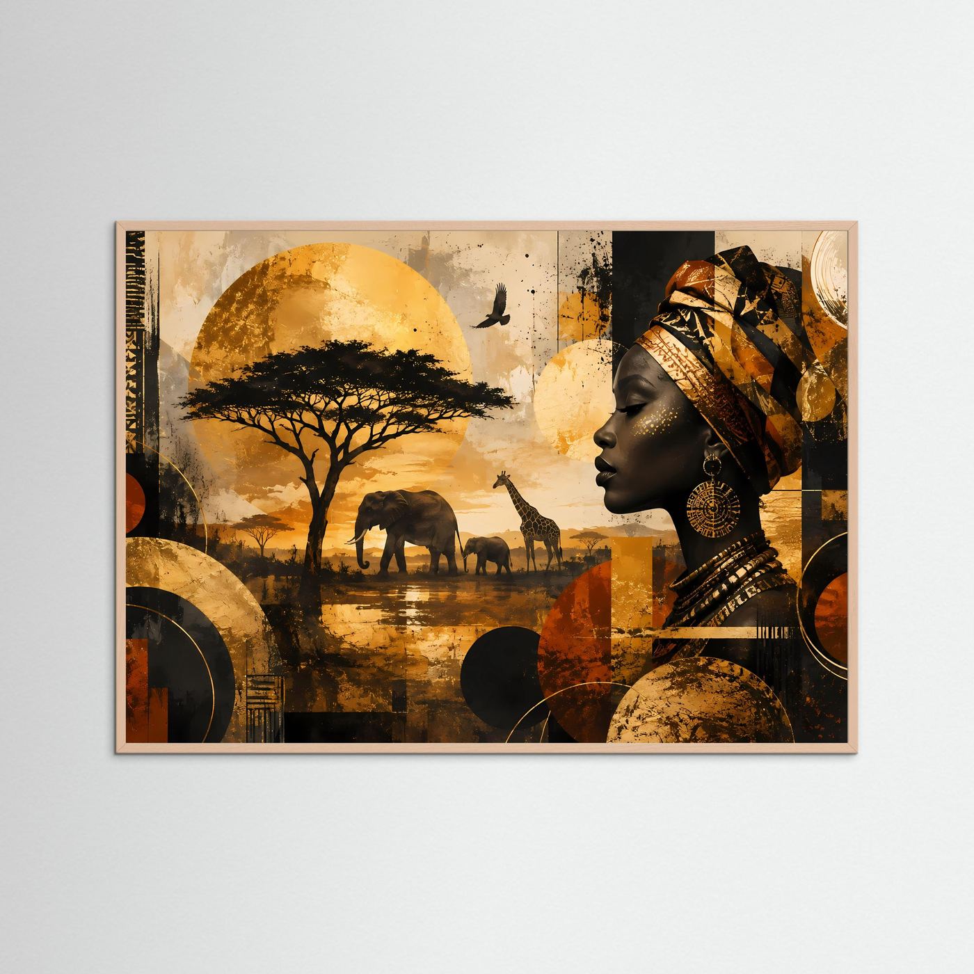 Gerahmtes Poster im Querformat mit rosafarbenem Holzrahmen: Afrikanerin im Profil, Elefanten und Giraffen.