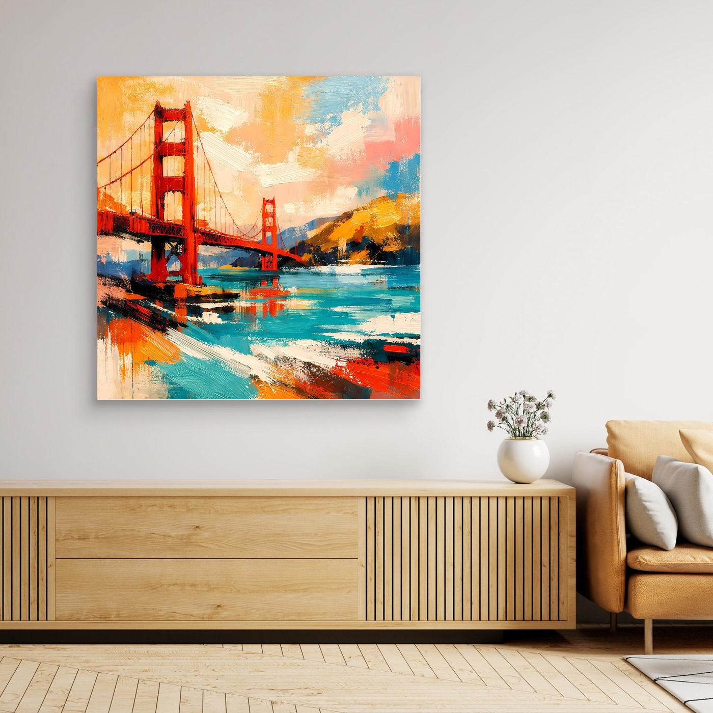 Unframed canvas wall art with abstract Golden Gate Bridge, layered blue and red paint marks