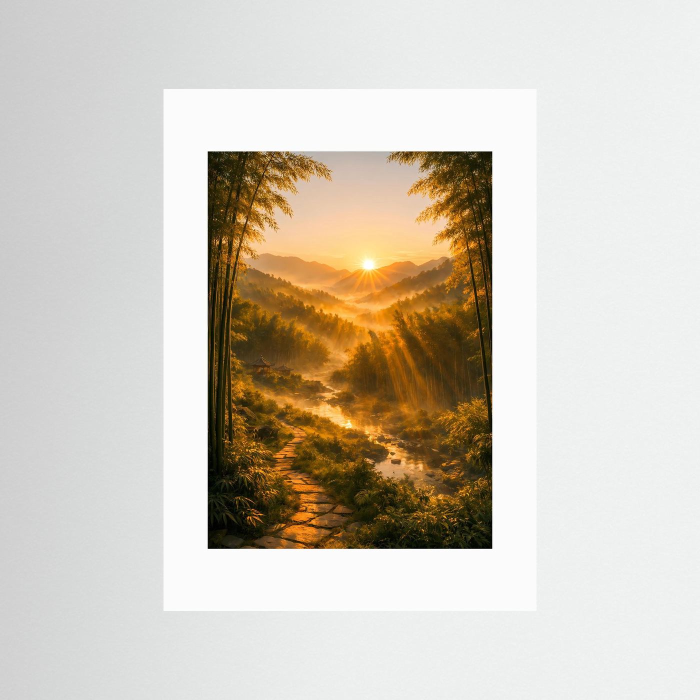 Hochformatiges Landschaftsposter mit Bambuswald und Sonnenaufgang, mit weißem Passepartout