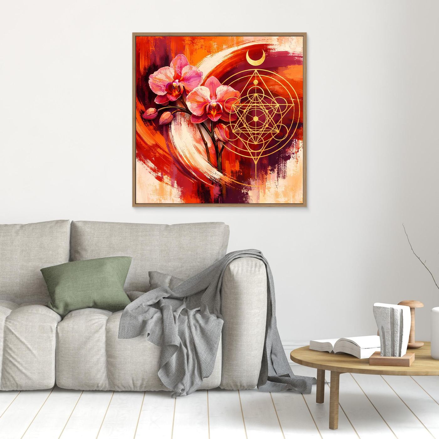 Kleines Wandbild mit pinken Orchideen und goldener Heiligen Geometrie, goldbraun gerahmt
