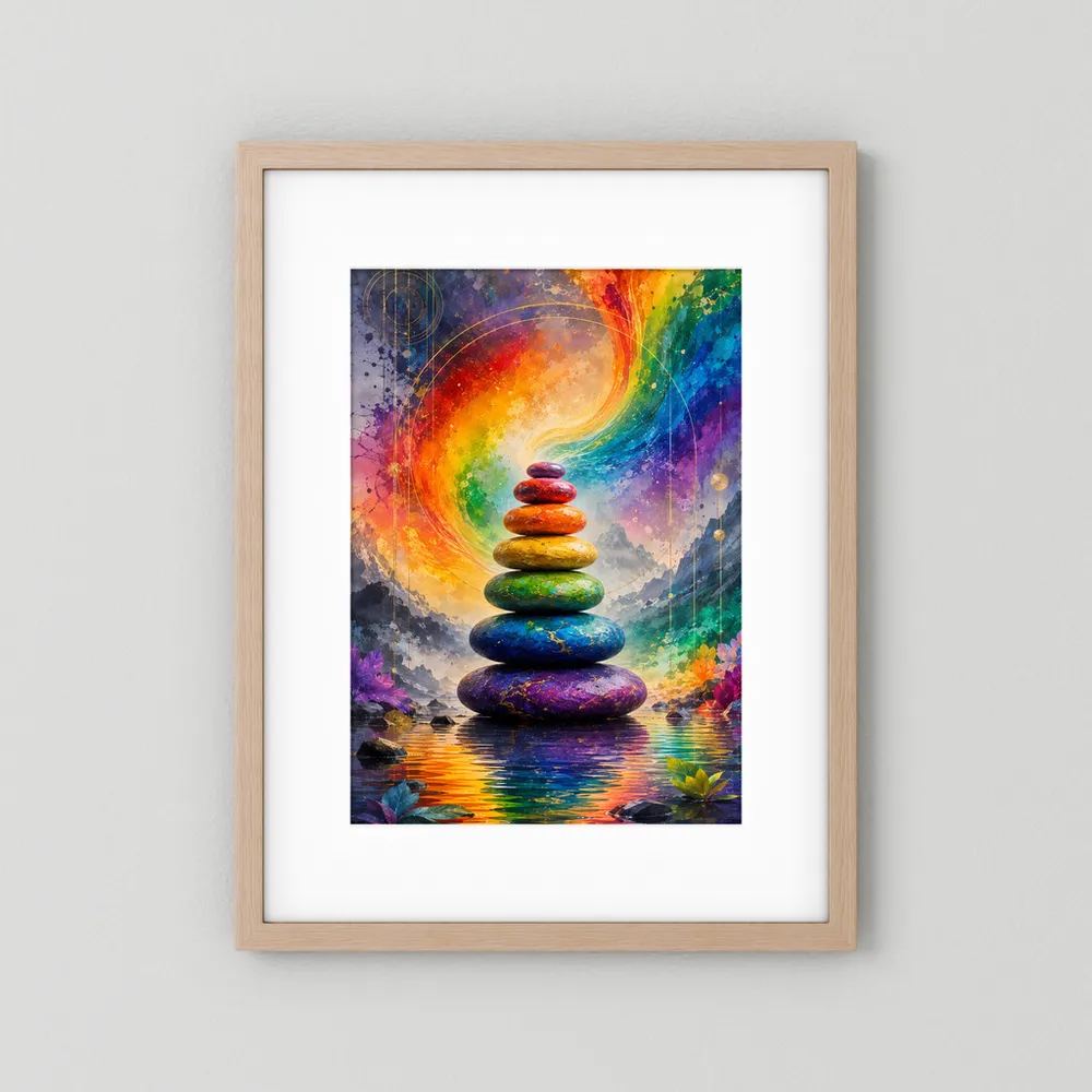 Hochformat-Poster im hellem Holzrahmen mit weißem Rand, Motiv: Zen-Stein-Stapel
