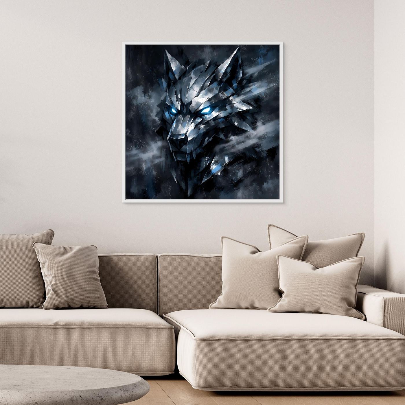 Leinwand-Wandbild: geometrischer Wolf mit leuchtenden Augen, schwarz gerahmt