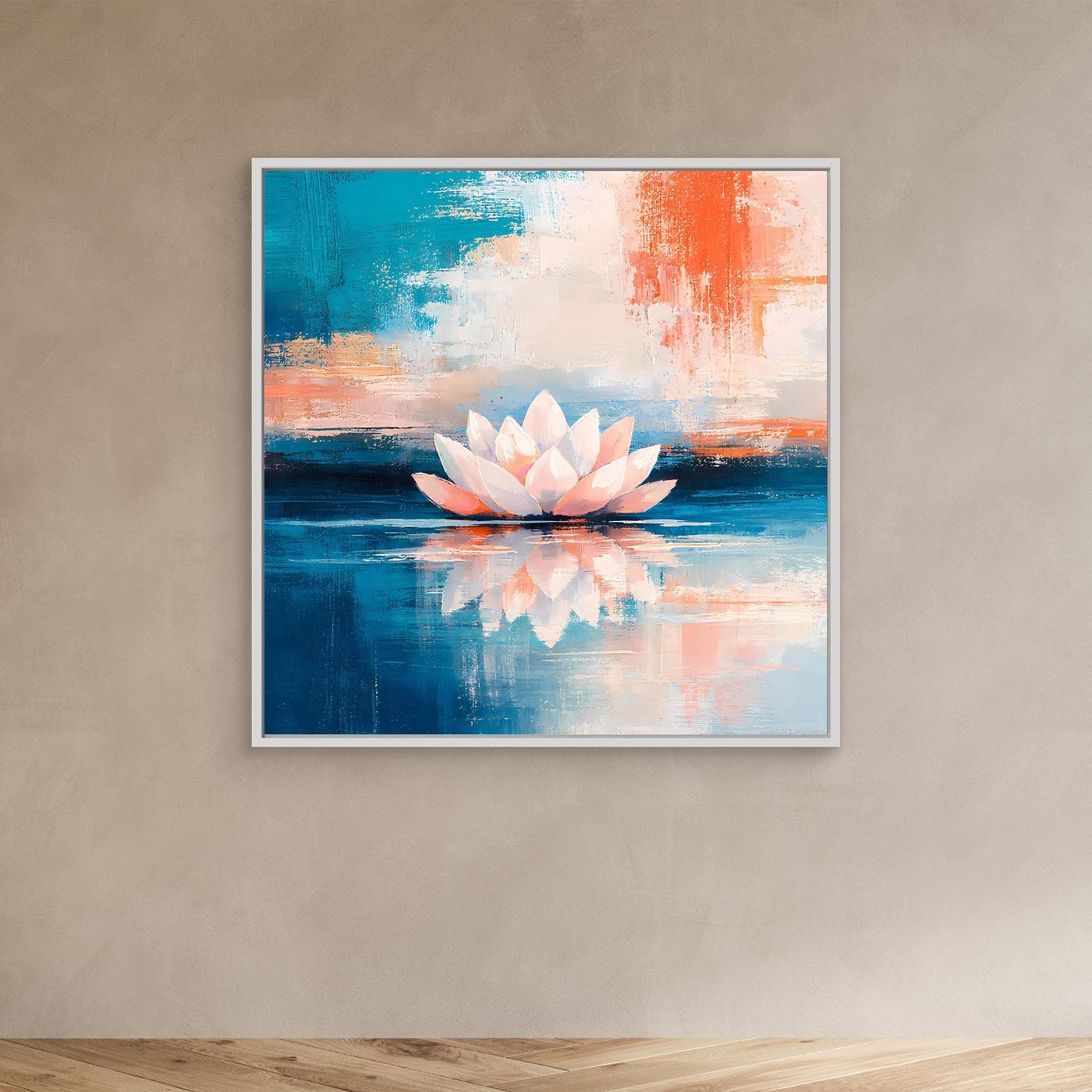 Leinwand Abstrakte Lotusblüte auf dem Wasser | Modernes Seerosen Wandbild Blau Orange