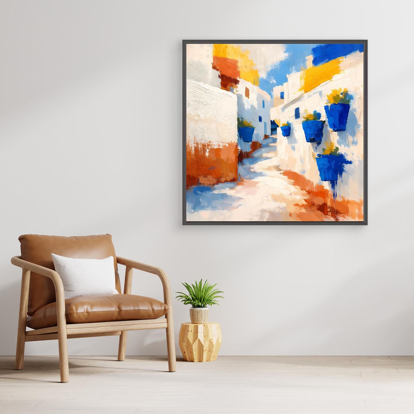 Leinwand Griechische Gasse mit blauen Blumentöpfen | Abstraktes Santorin Wandbild