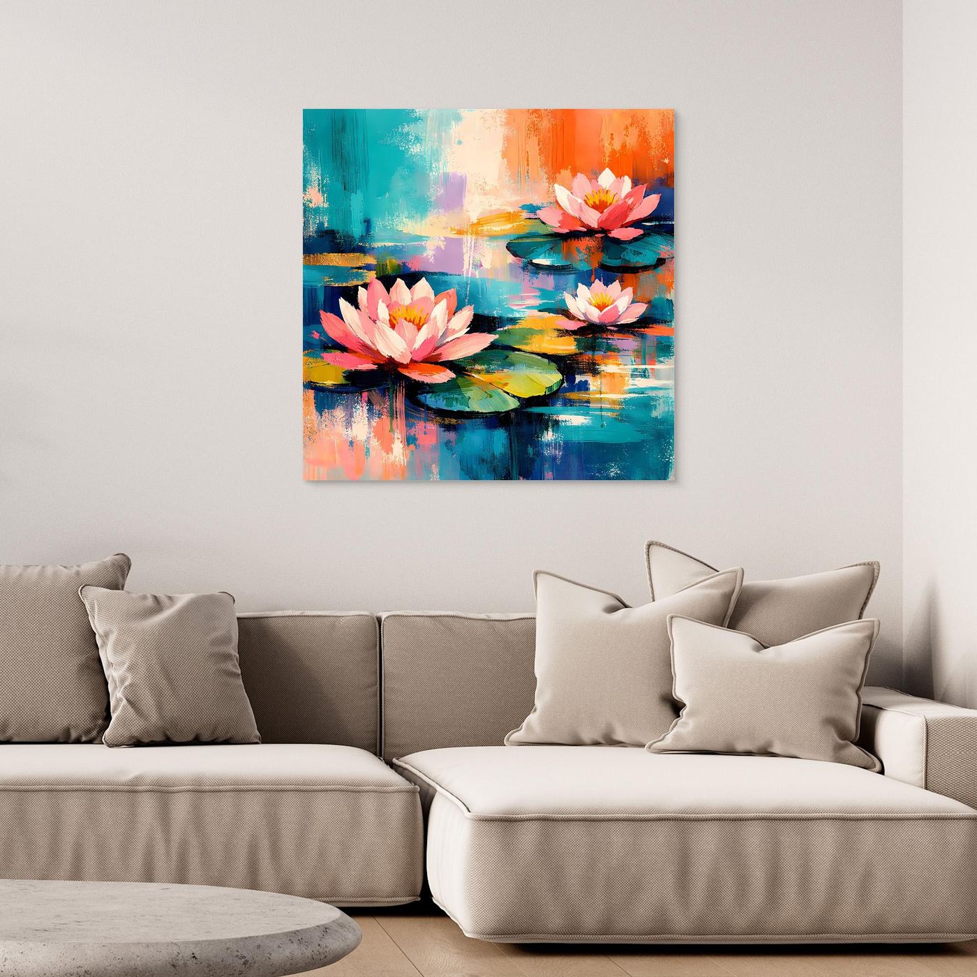 Leinwandbild mit abstraktem Seerosenteich und pinken Lotusblüten