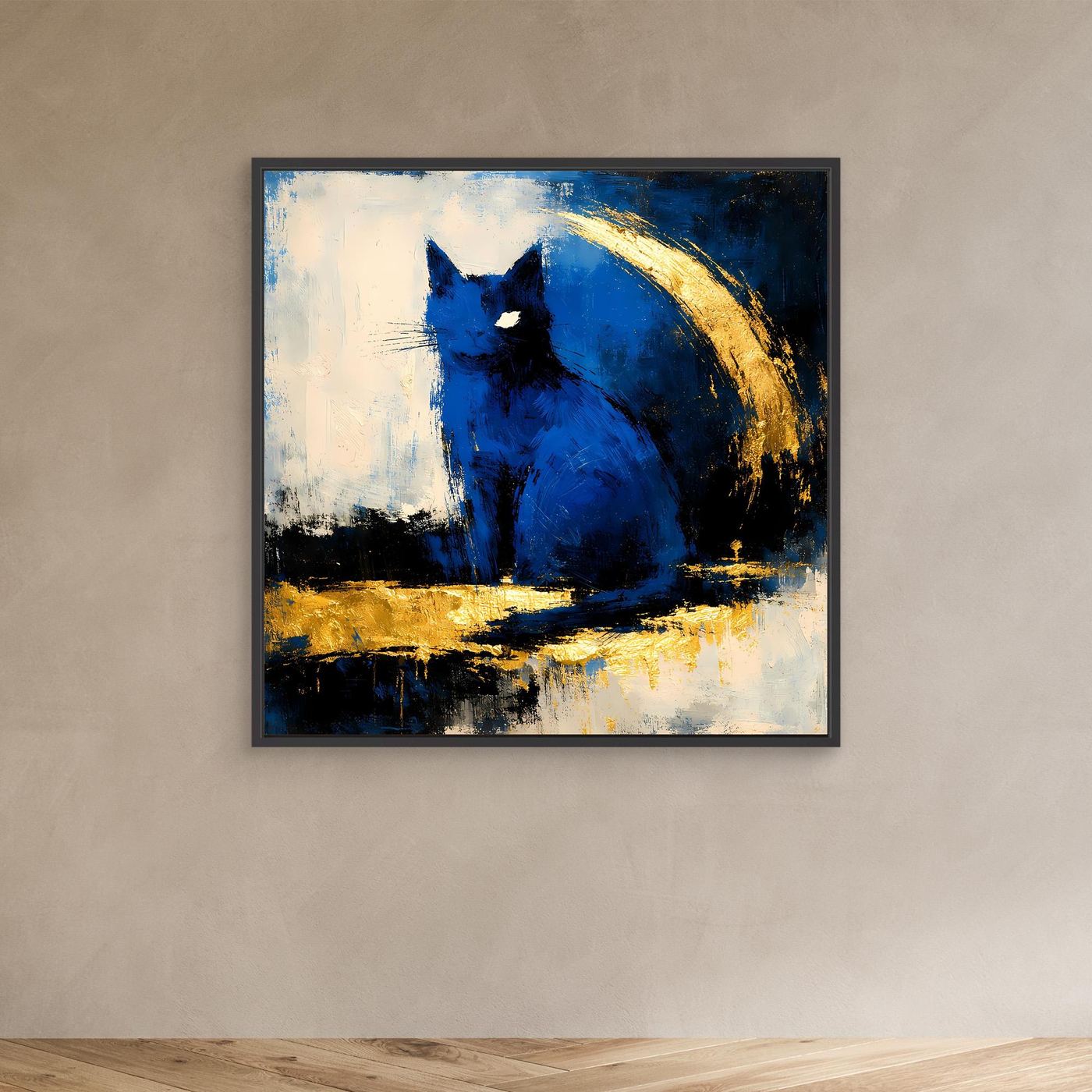 Abstraktes Wandbild mit blauem Tiermotiv, goldenen Akzenten und schwarzem Rahmen