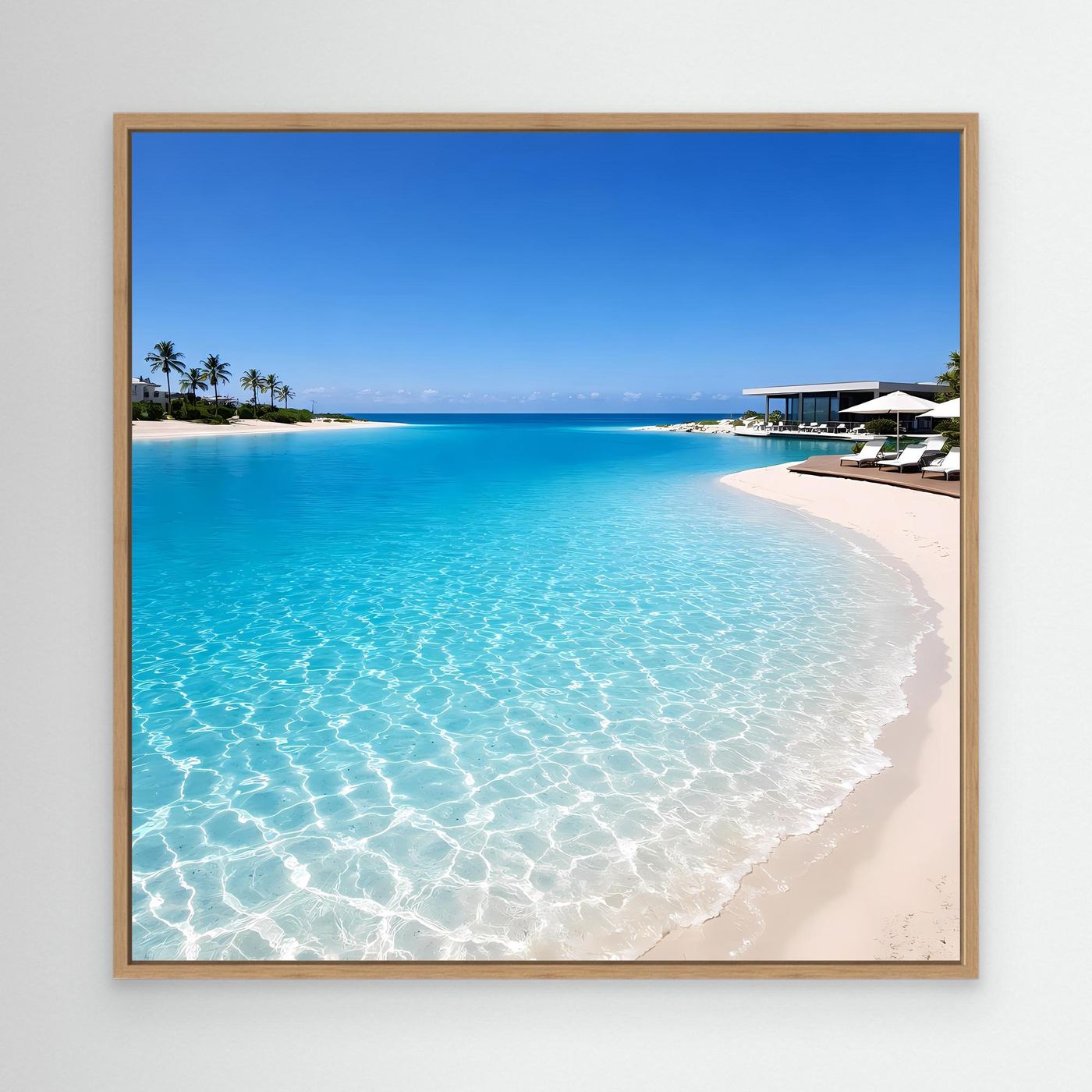 Leinwandbild Strand mit türkisblauem Meer in Eichenrahmen