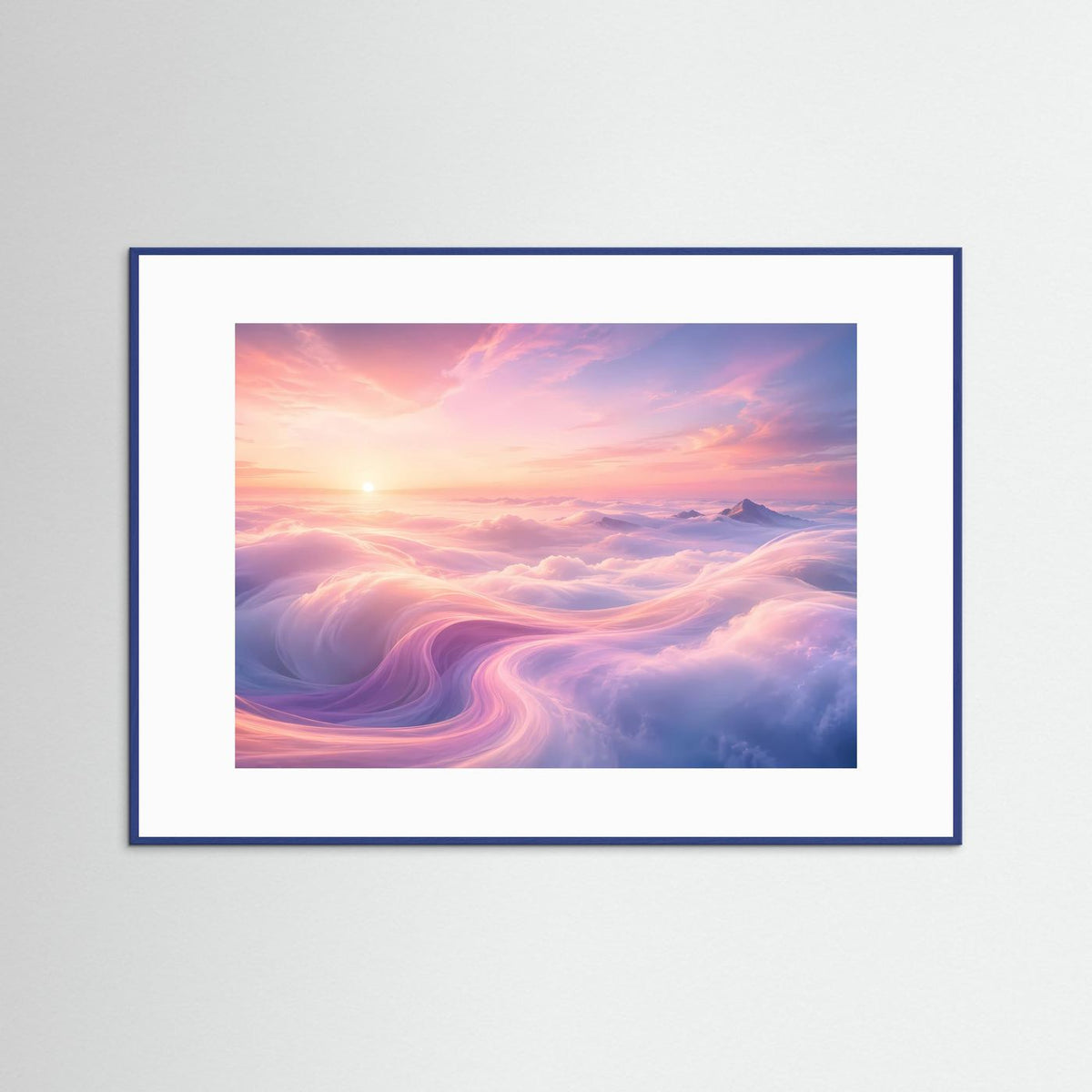 Querformat-Poster mit blauem Rahmen und Sonnenaufgang über Wolken in Rosa, Blau und Violett