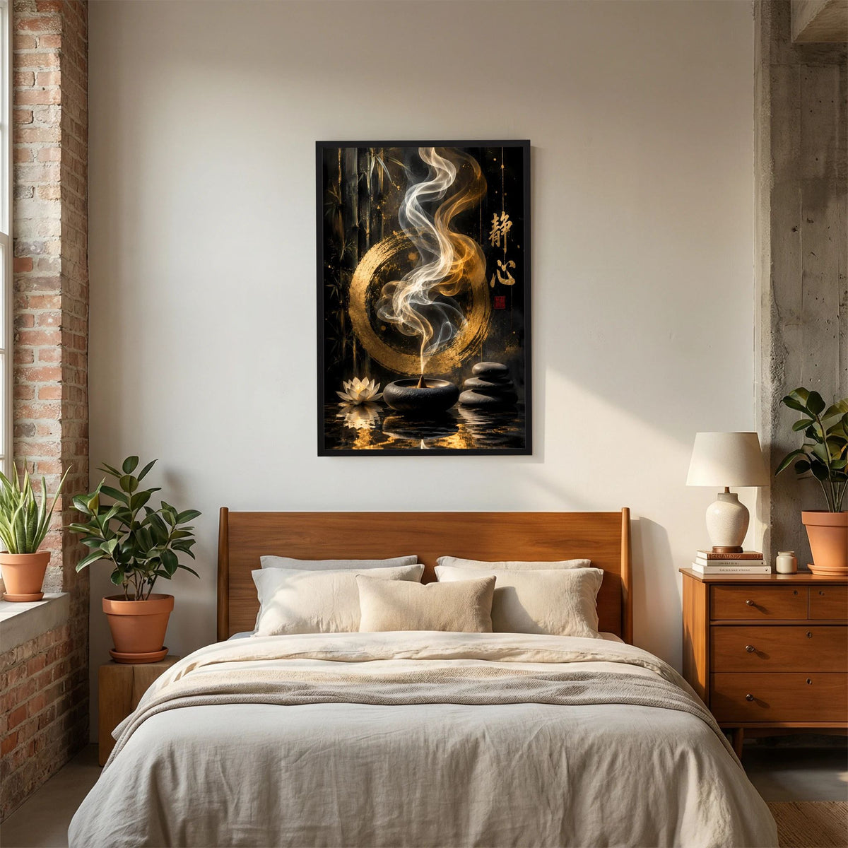 Hochformatiges Poster mit goldenem Kreis, Rauch und Meditationssteinen, schwarz gerahmt