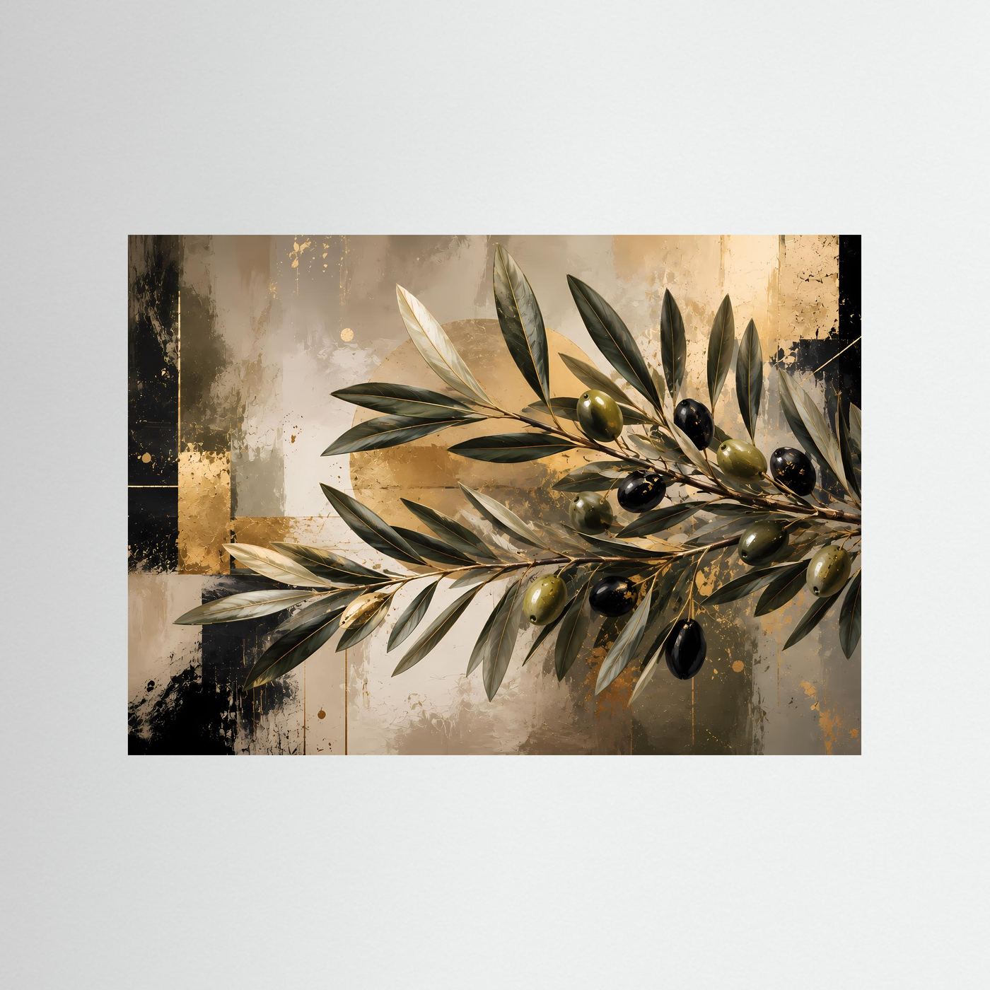 Querformat-Poster mit Olivenzweig und grünen sowie schwarzen Oliven, goldene Akzente