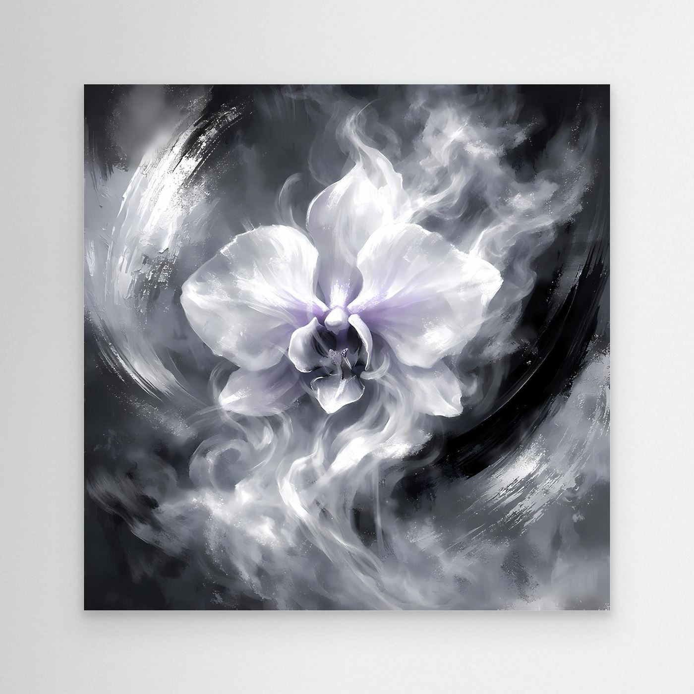 Leinwandbild Orchidee, abstrakt in Schwarzweiß, mit schwarzem Rahmen