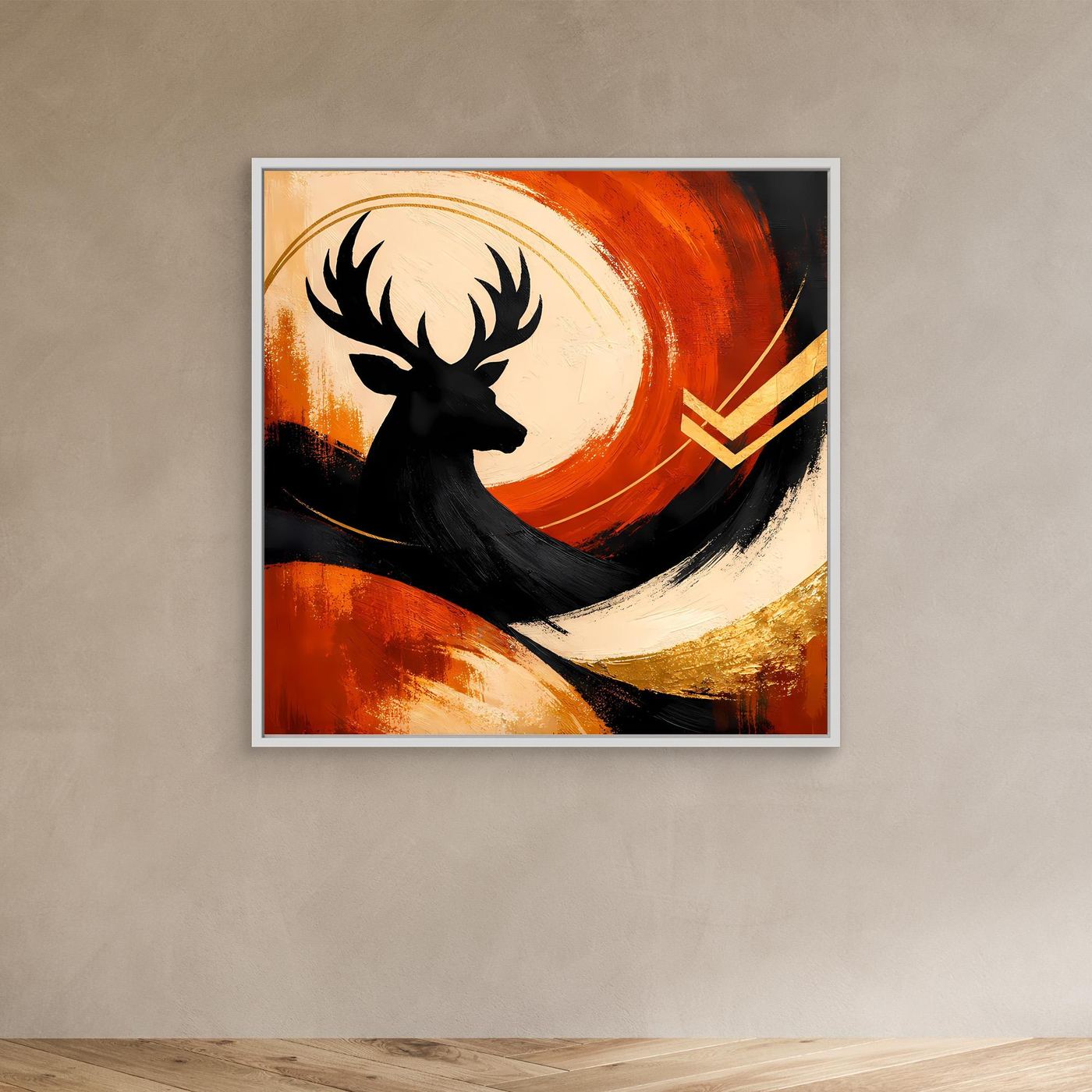 Leinwandbild mit Hirschmotiv in Schwarz, Orange- und Goldtönen, im weißen Rahmen
