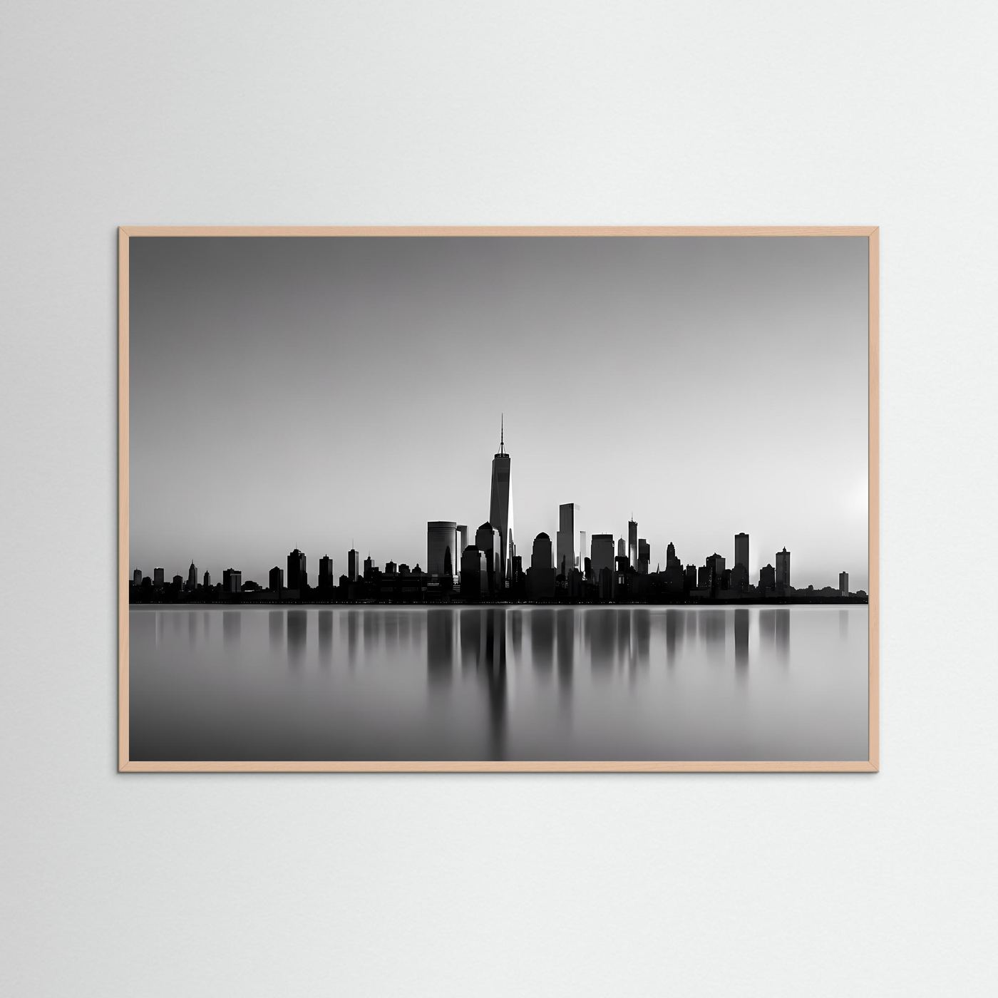 Poster mit Schwarz-Weiß-Skyline, Querformat, in rosafarbenem Holzrahmen