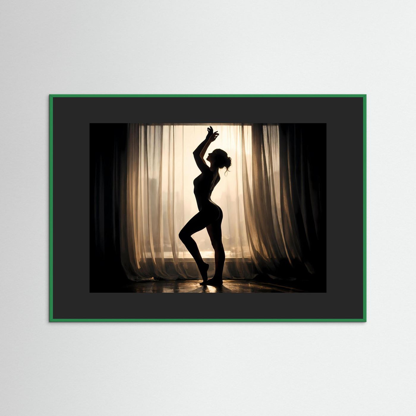 Wandbild, Silhouetten-Figur im Gegenlicht, grüner Rahmen