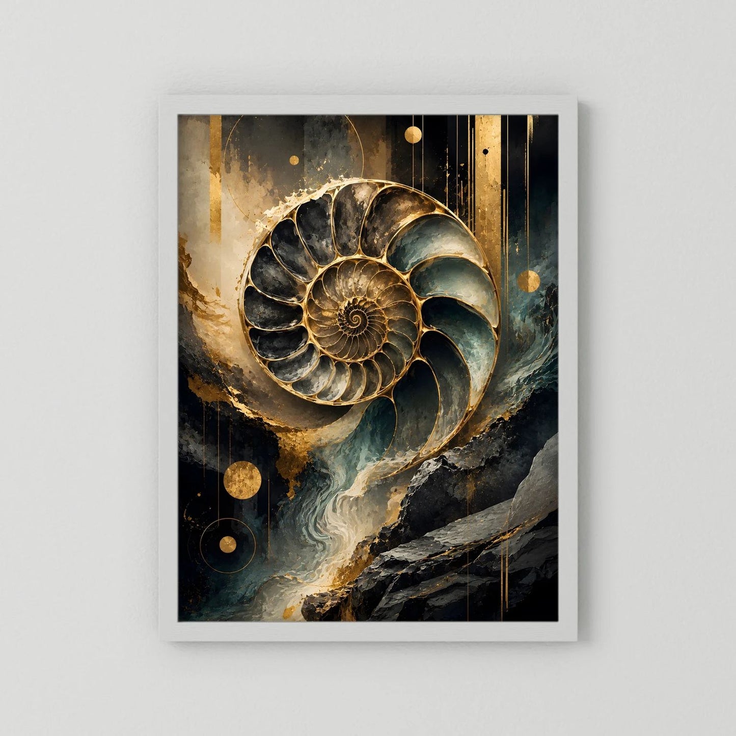 Poster mit Ammonitenspirale im quadratischen Druck, Gold, Schwarz und Petrol, ohne Rand