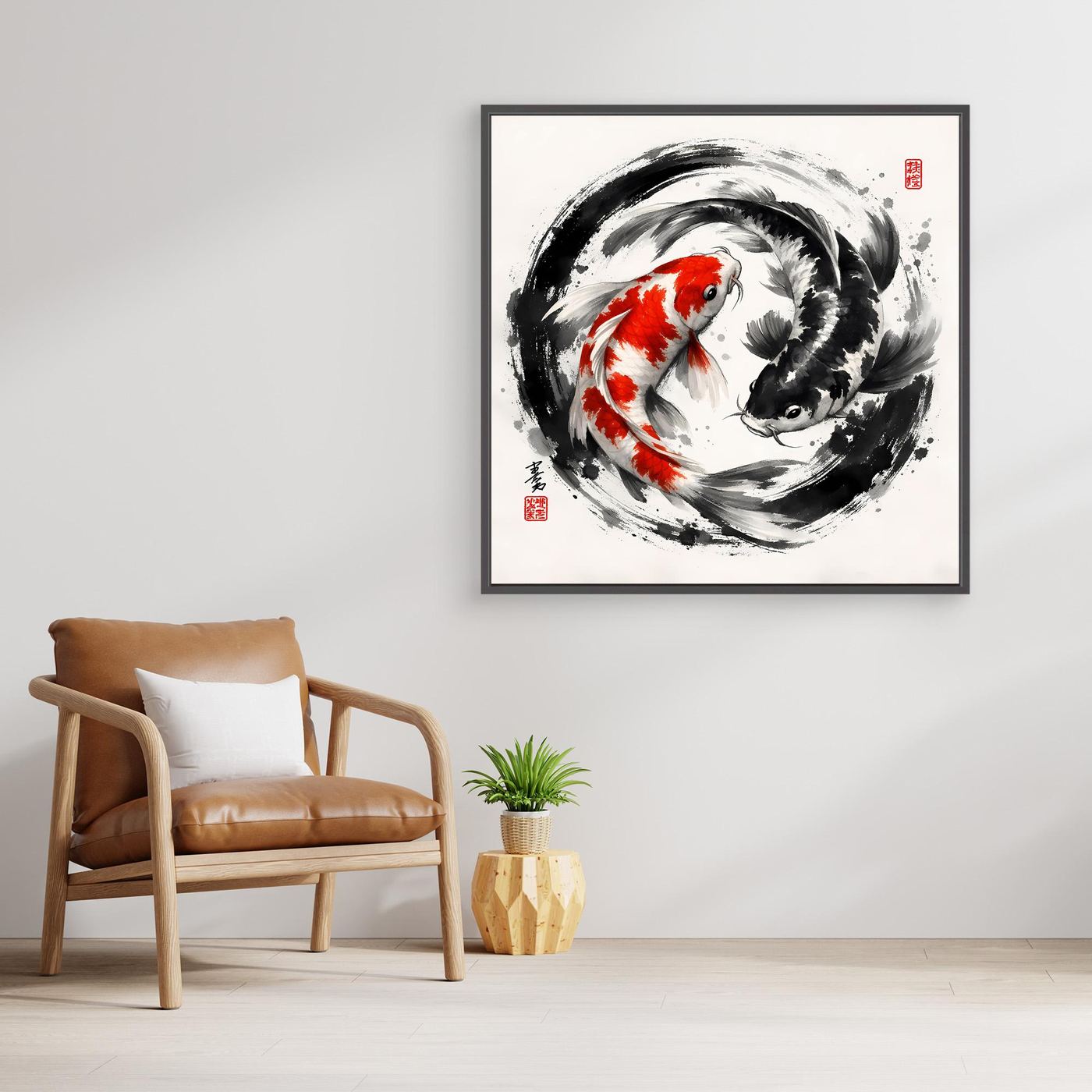Leinwandbild mit Koi-Yin-Yang-Motiv: roter und schwarzer Karpfen im Kreis, mit schwarzem Rahmen.